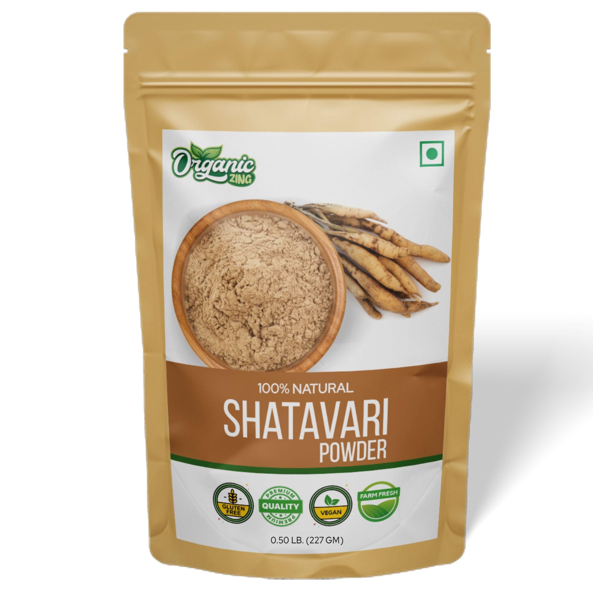ORGANIC ZING Shatavari Powder front view in airtight pouch