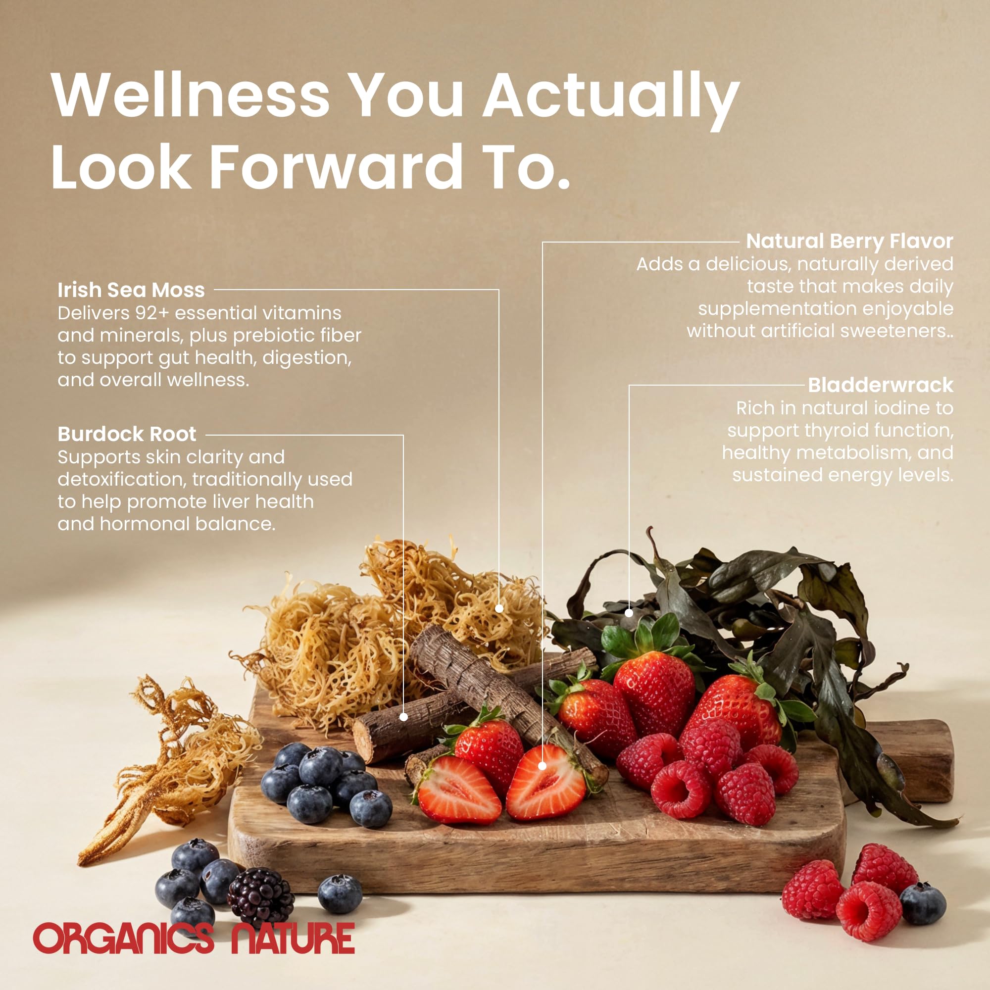 ORGANICS NATURE Sea Moss Gummies on a wooden table