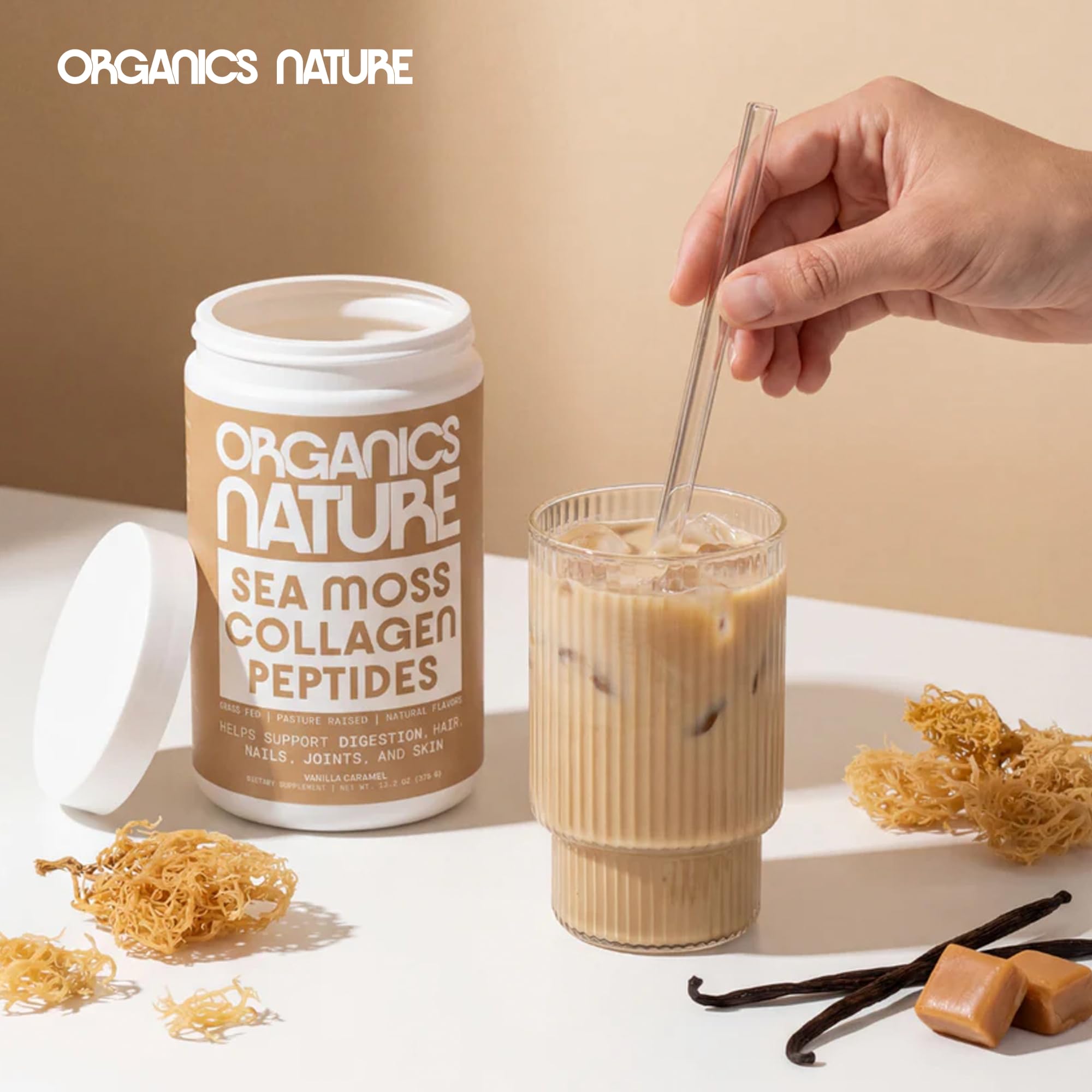 ORGANICS NATURE Vanilla Caramel Collagen with a measuring scoop