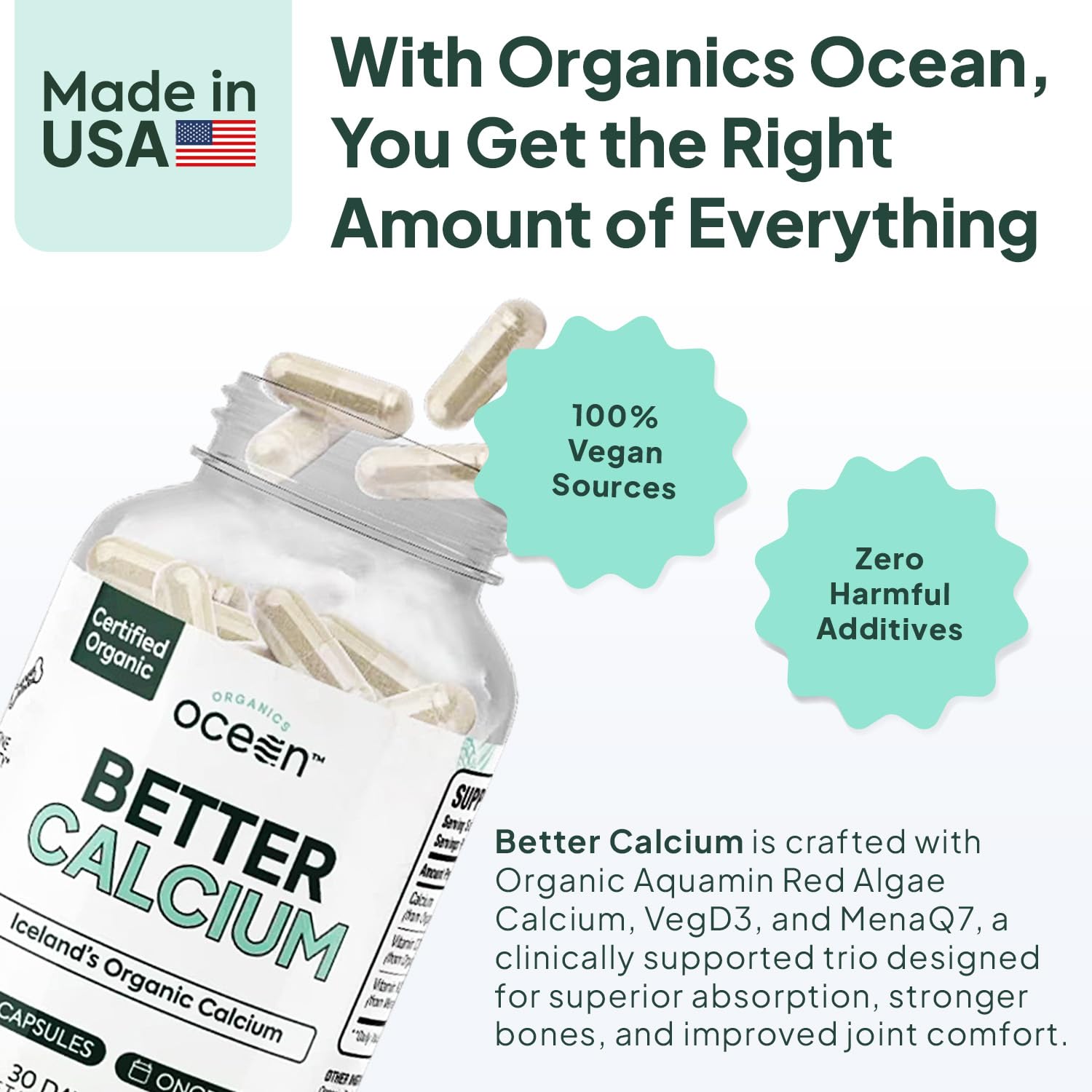 Organics Ocean Better Calcium bottle side view showing label details