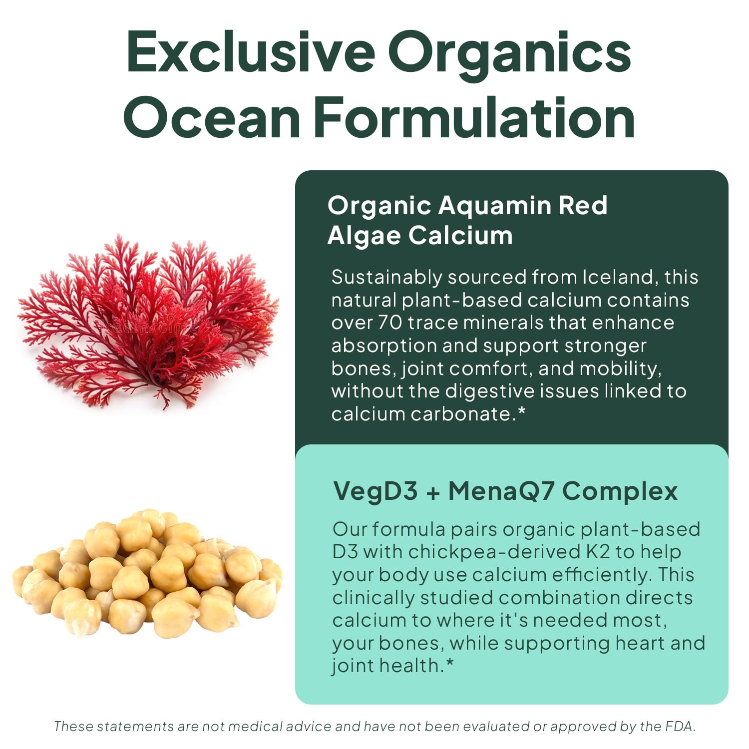 Organics Ocean Better Calcium bottle with a measuring spoon and capsules