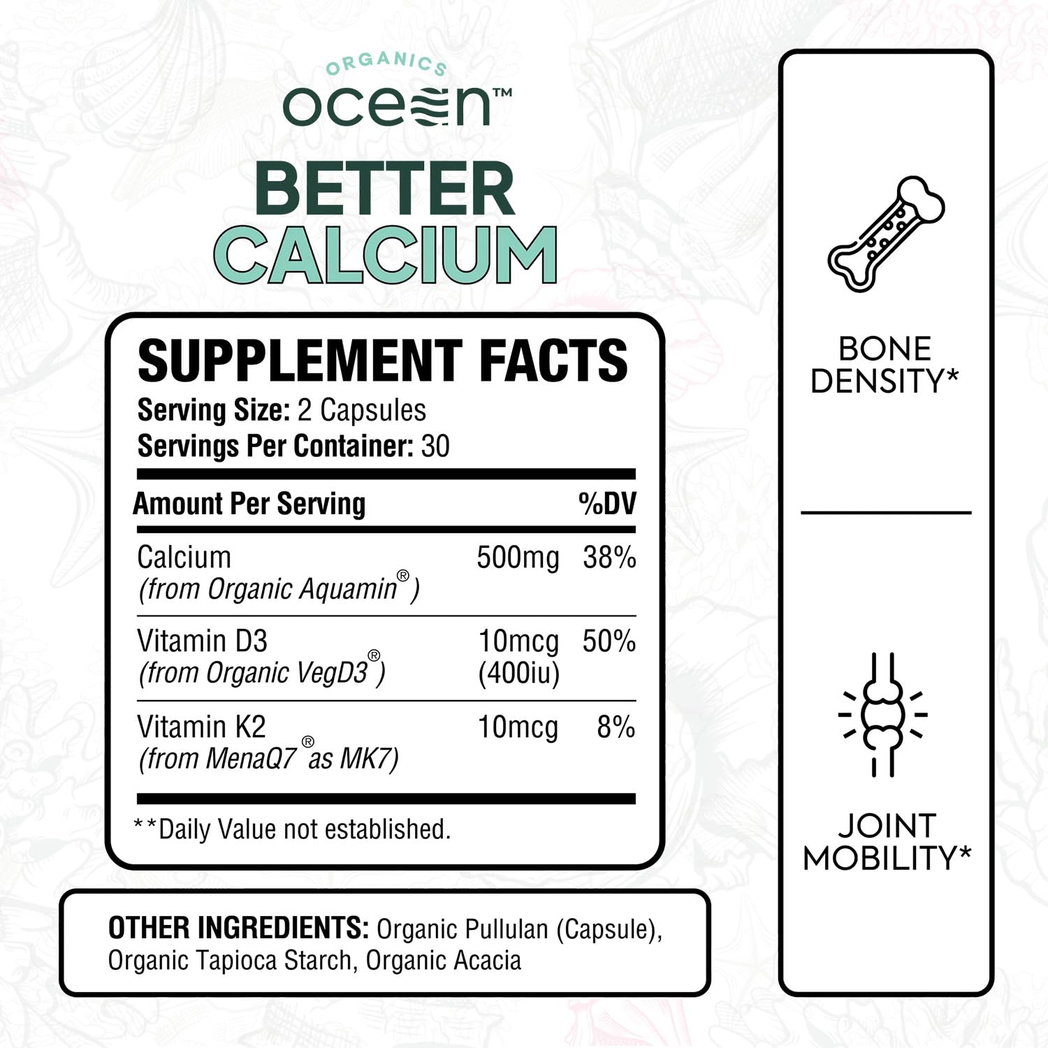Organics Ocean Better Calcium capsules close-up on a wooden surface