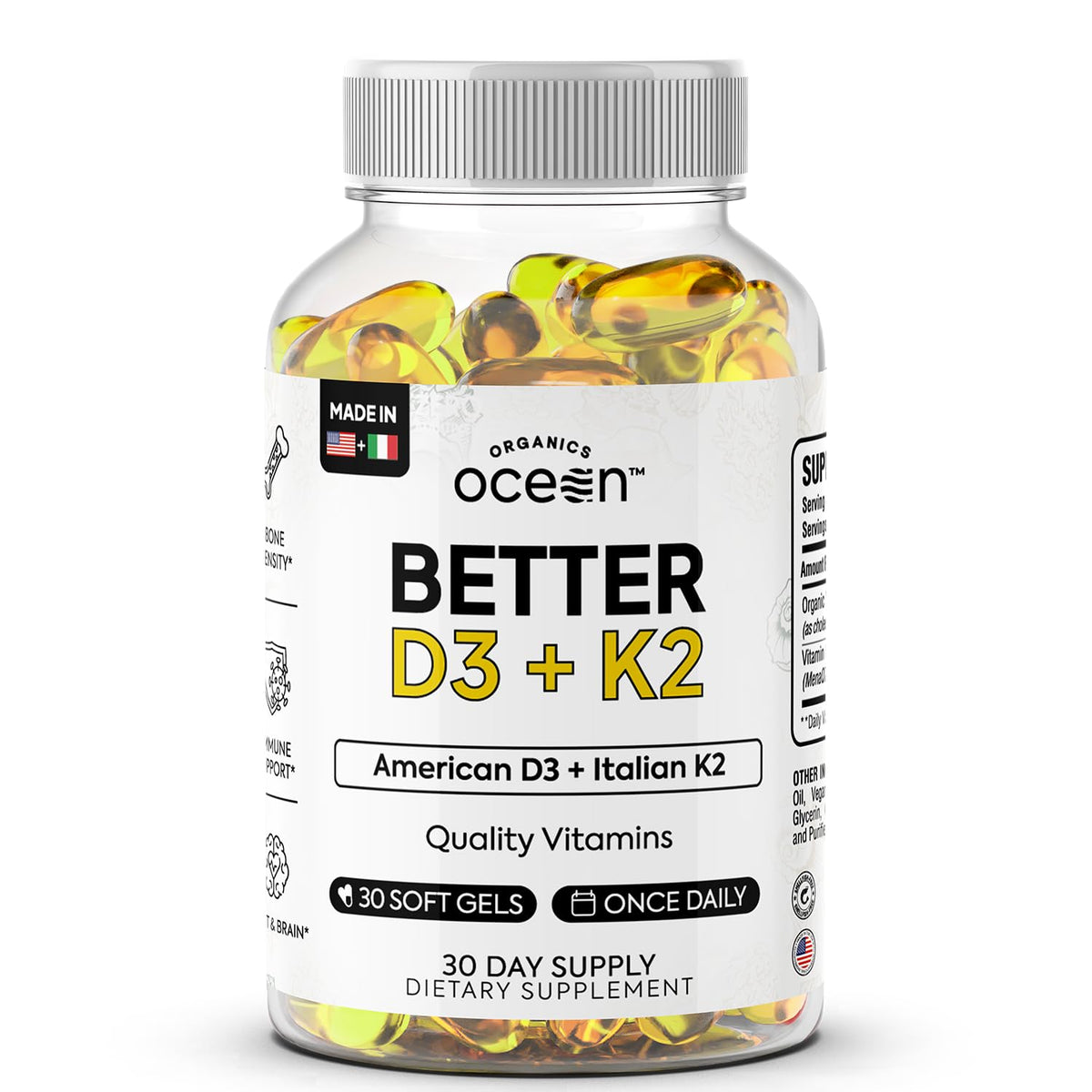 Organics Ocean Better D3 + K2 softgel bottle front view