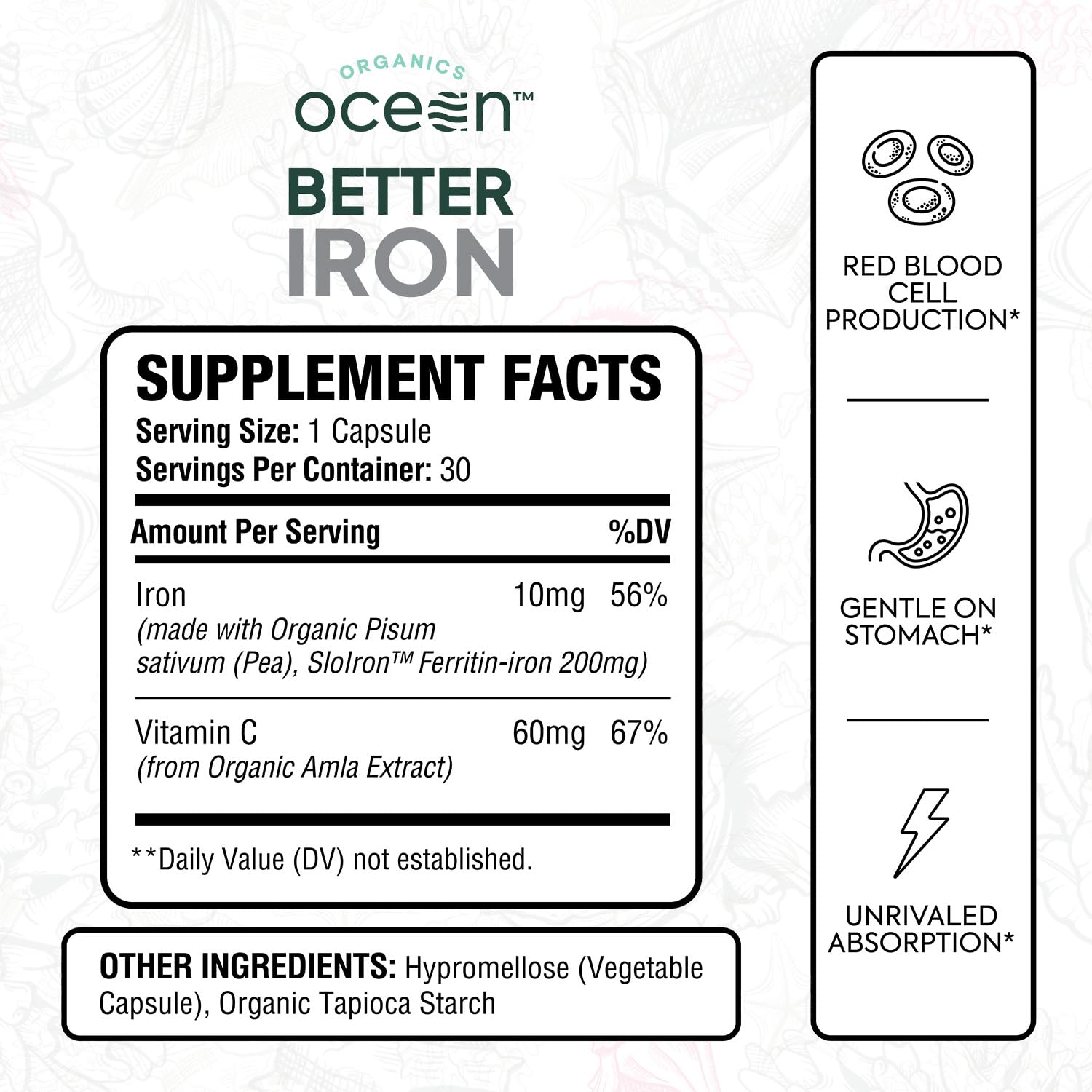Organics Ocean Better Iron bottle side view showing label