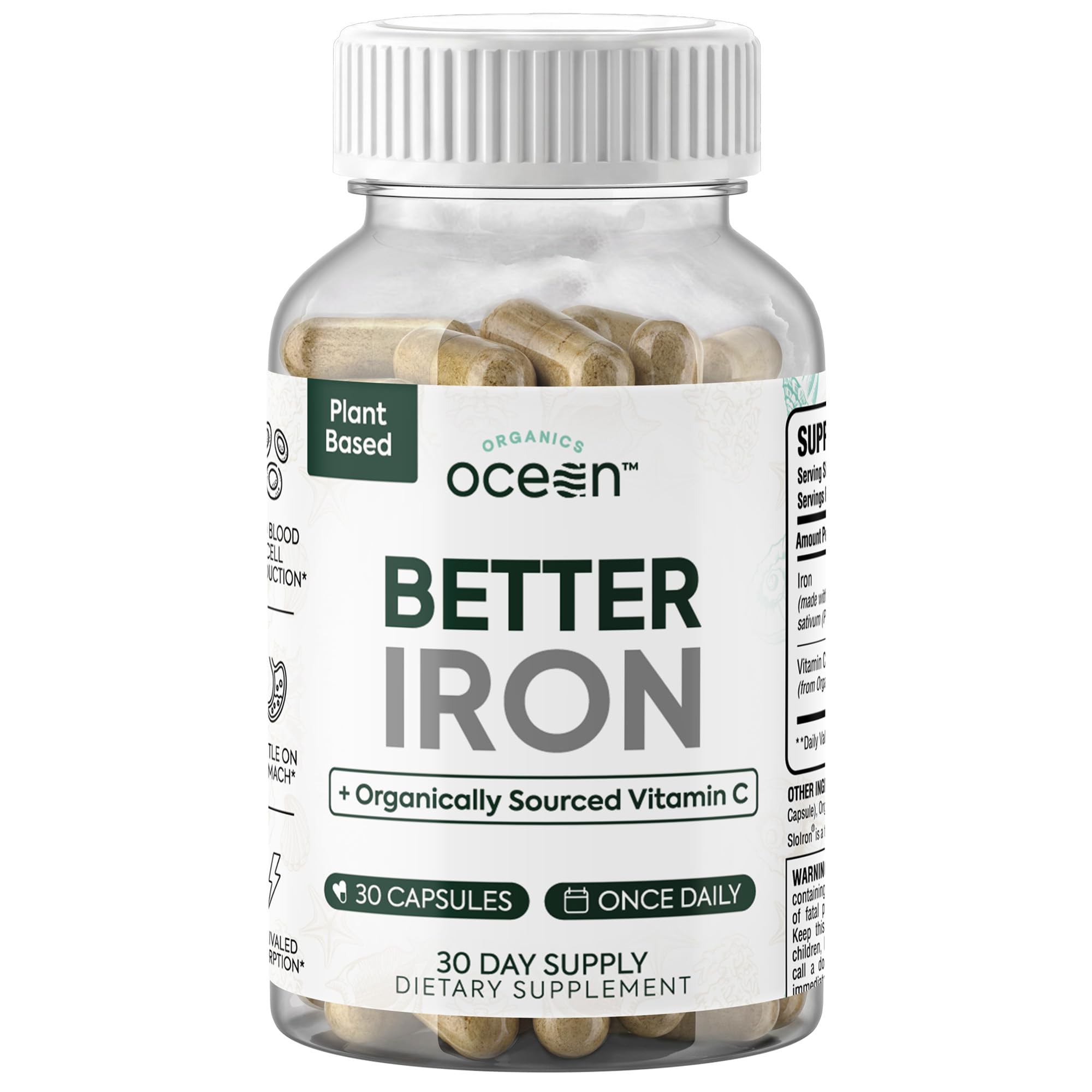 Organics Ocean Better Iron capsules front view with packaging