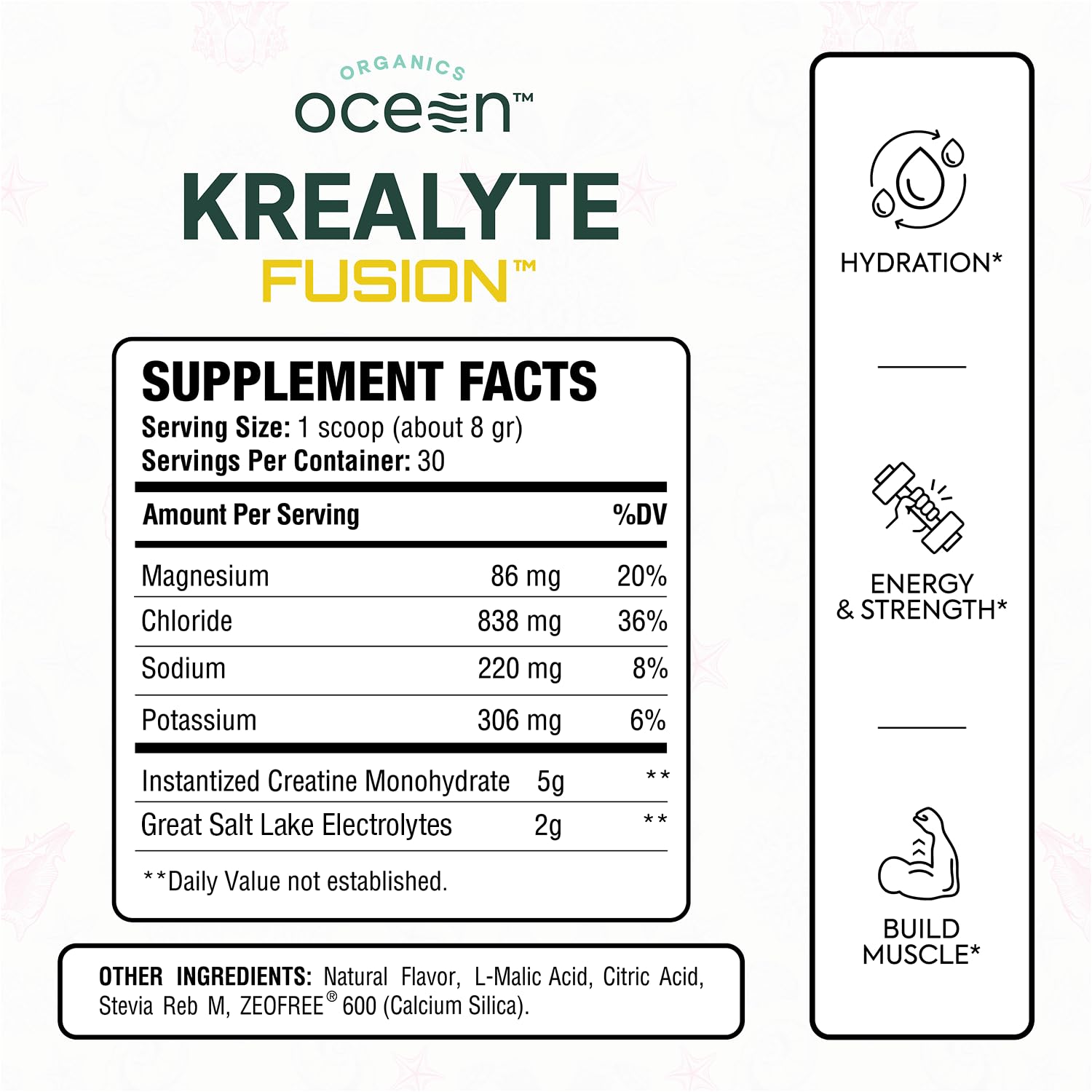 Organics Ocean Krealyte Fusion side view showing nutritional information