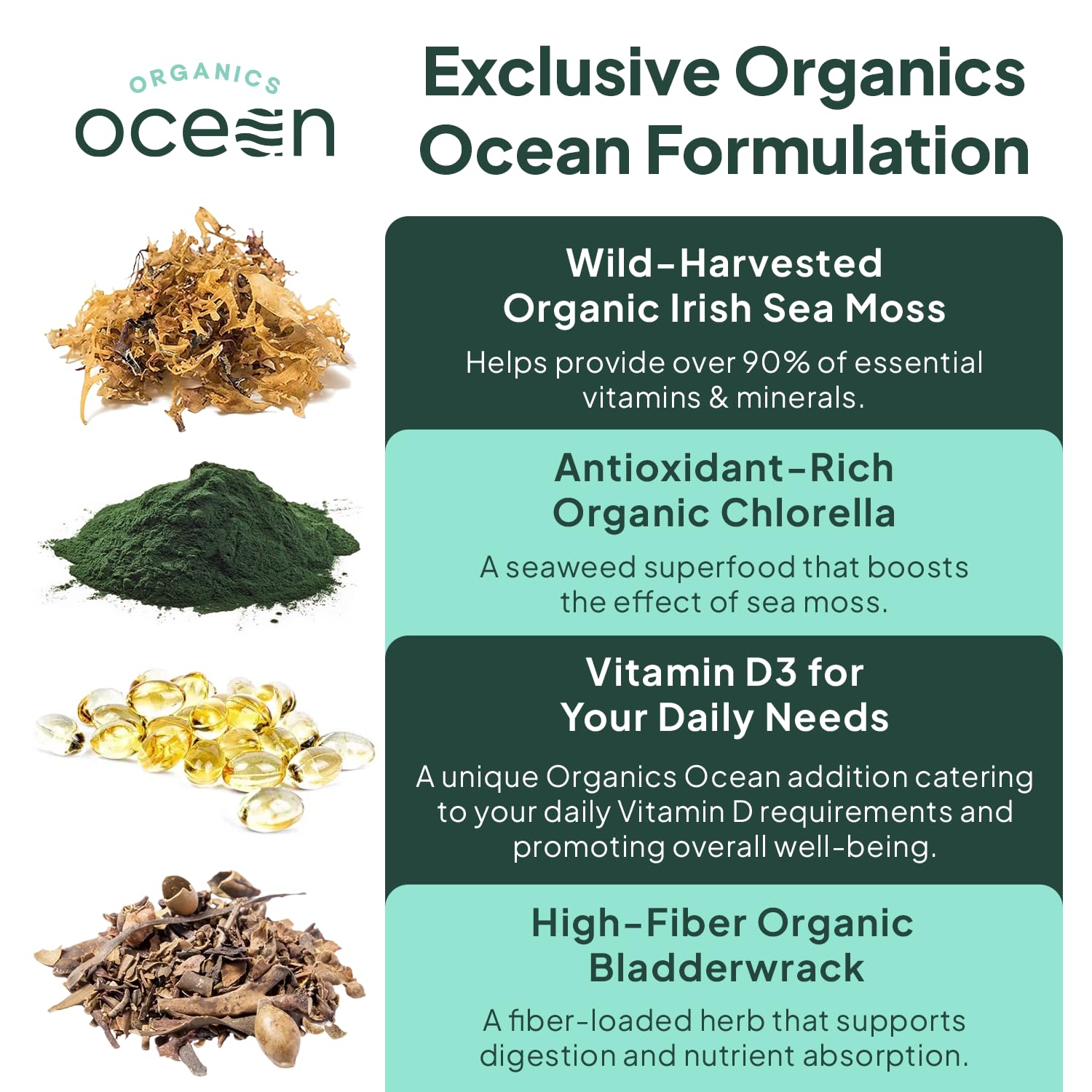 Organics Ocean Wild Crafted Sea Moss Capsules on a wooden table