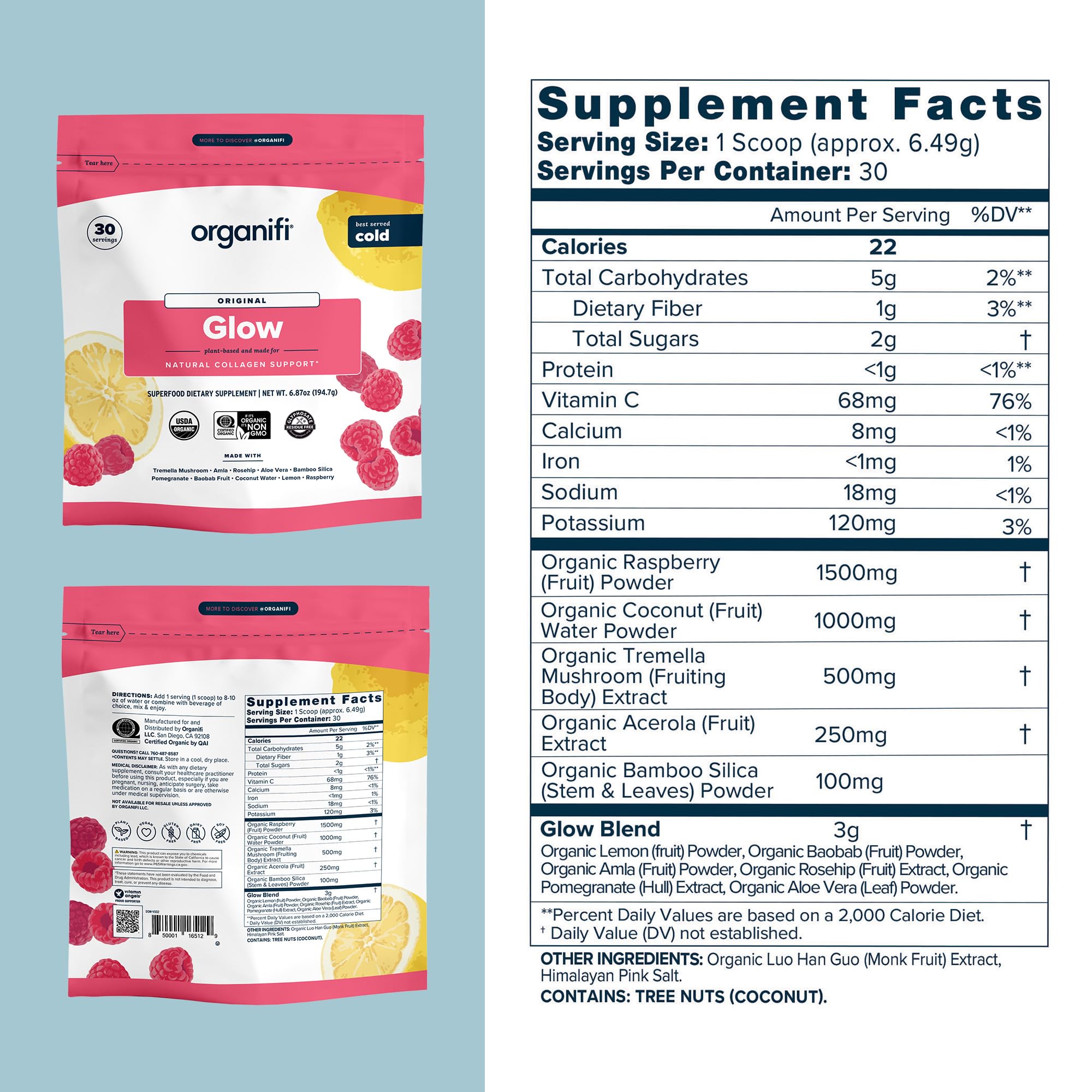Organifi Glow Liquid Collagen 209g raspberry lemonade drink