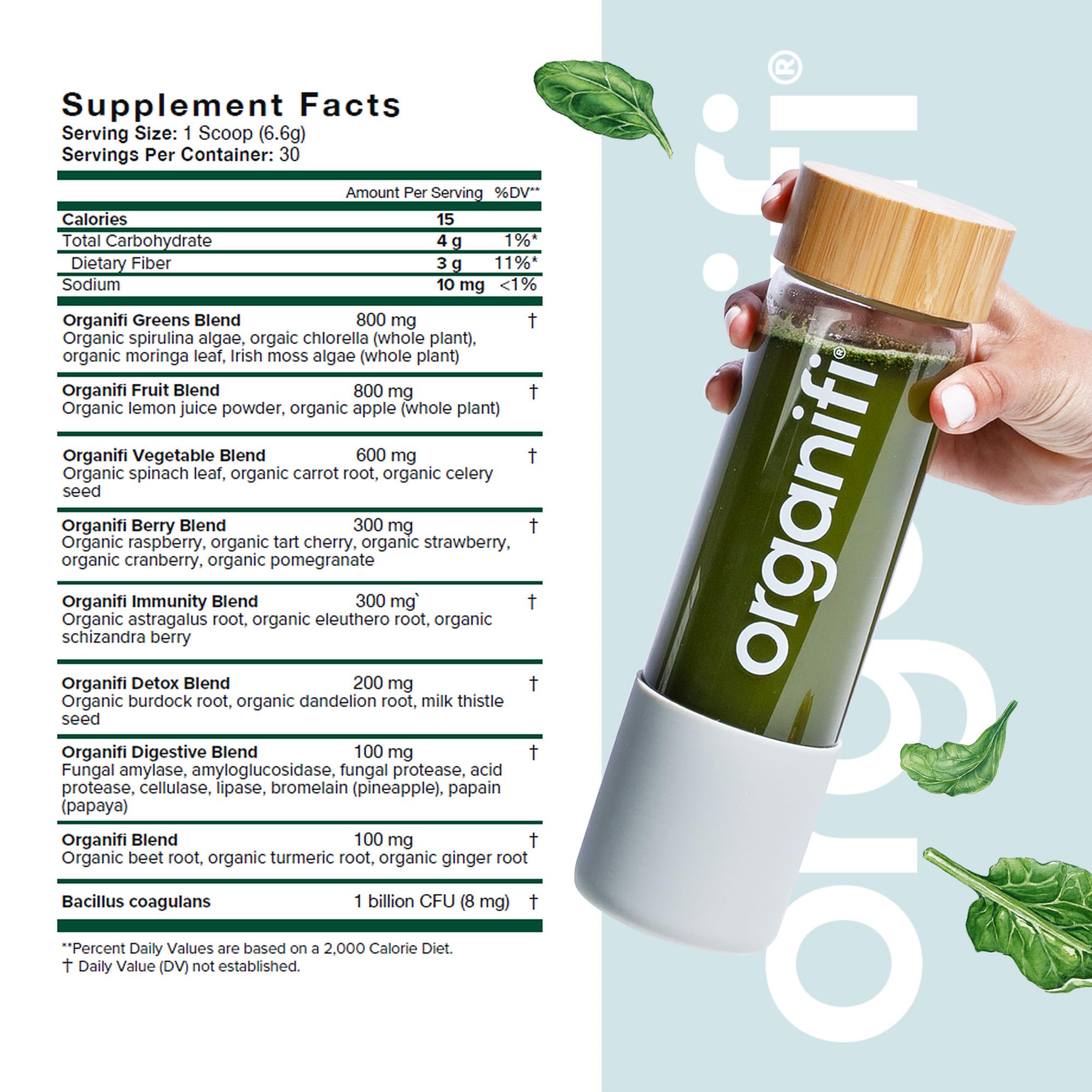 Organifi Green Juice Powder 259g back view showing nutritional information