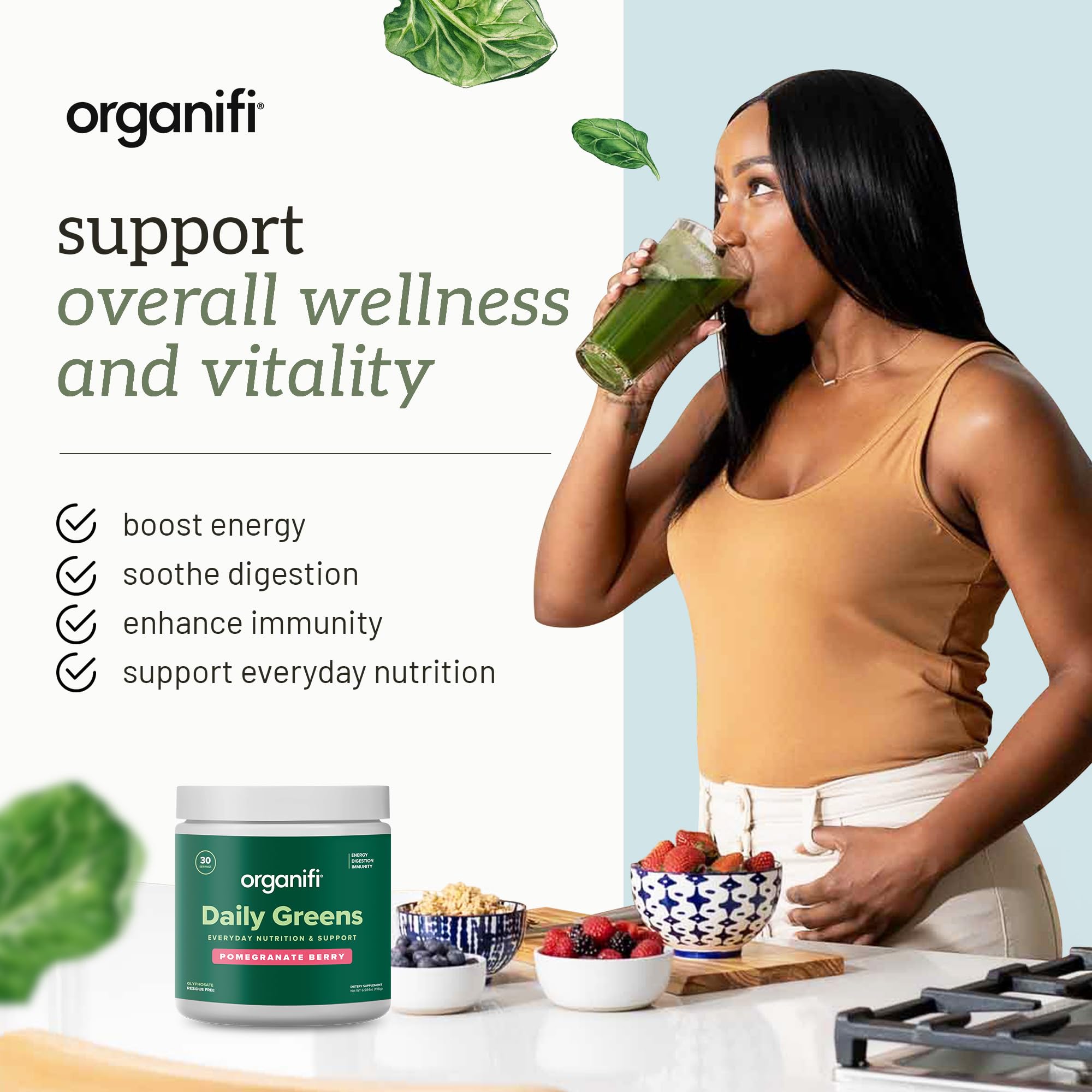 Organifi Green Juice Powder 259g scoop with powder on a wooden surface