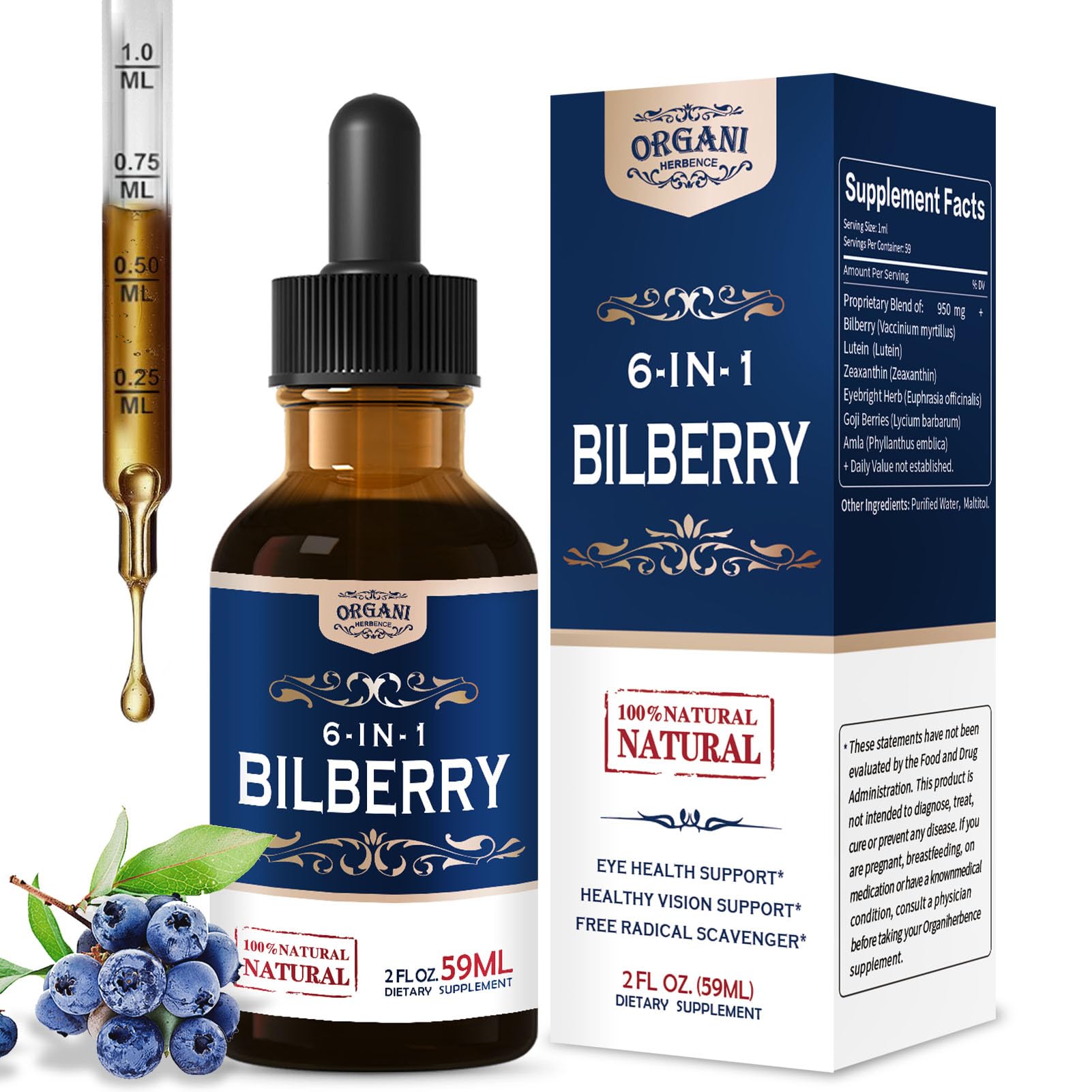 ORGANIHERBENCE Bilberry Drops front view with packaging