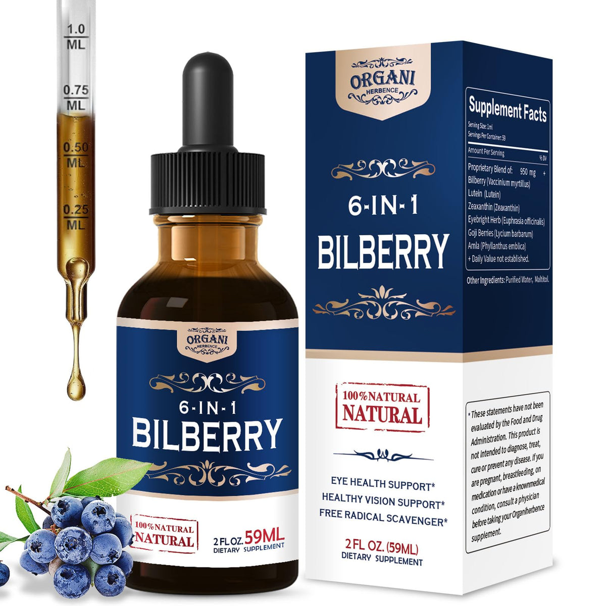 ORGANIHERBENCE Bilberry Drops front view with packaging