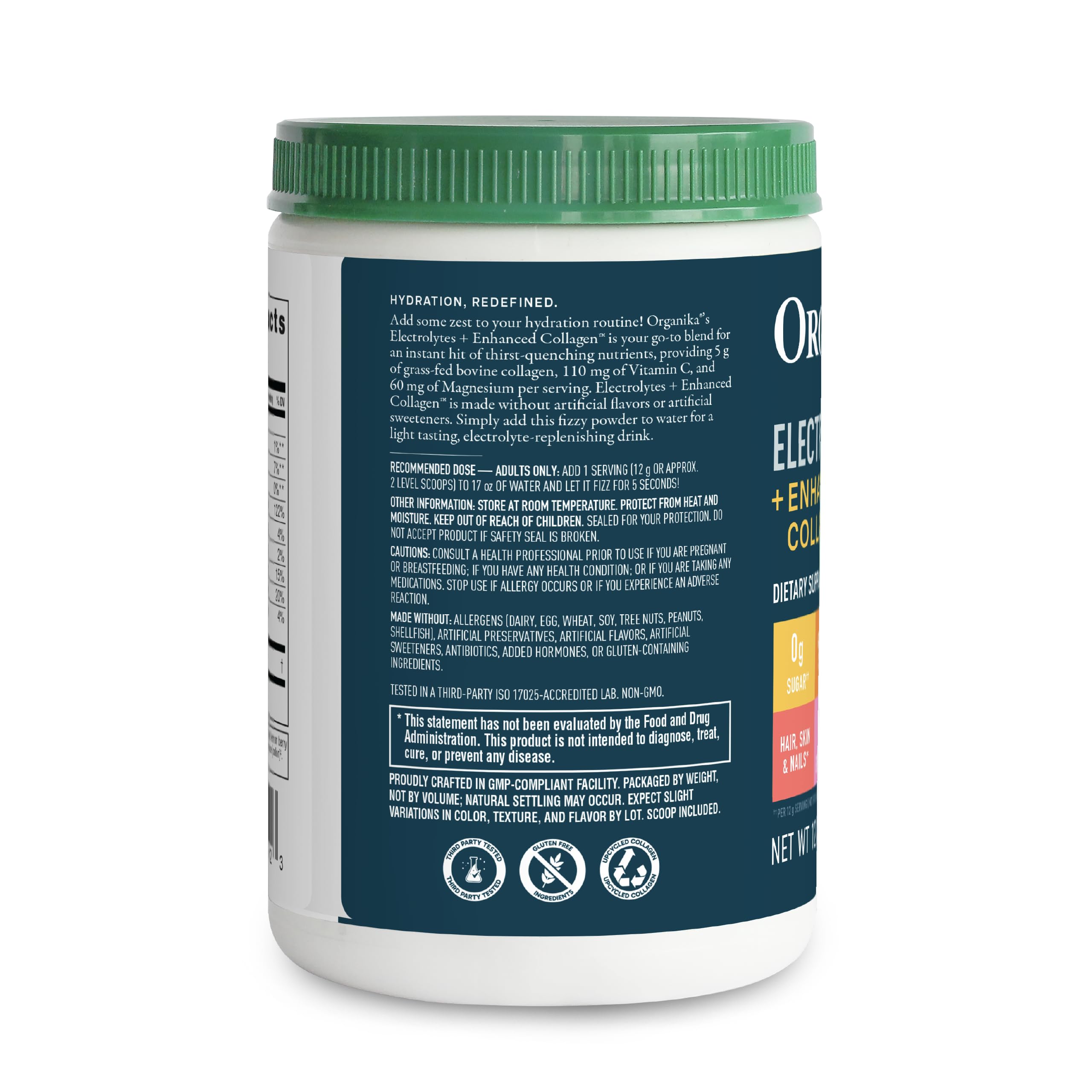 Organika Collagen Electrolyte Powder 360g side view showing nutritional information