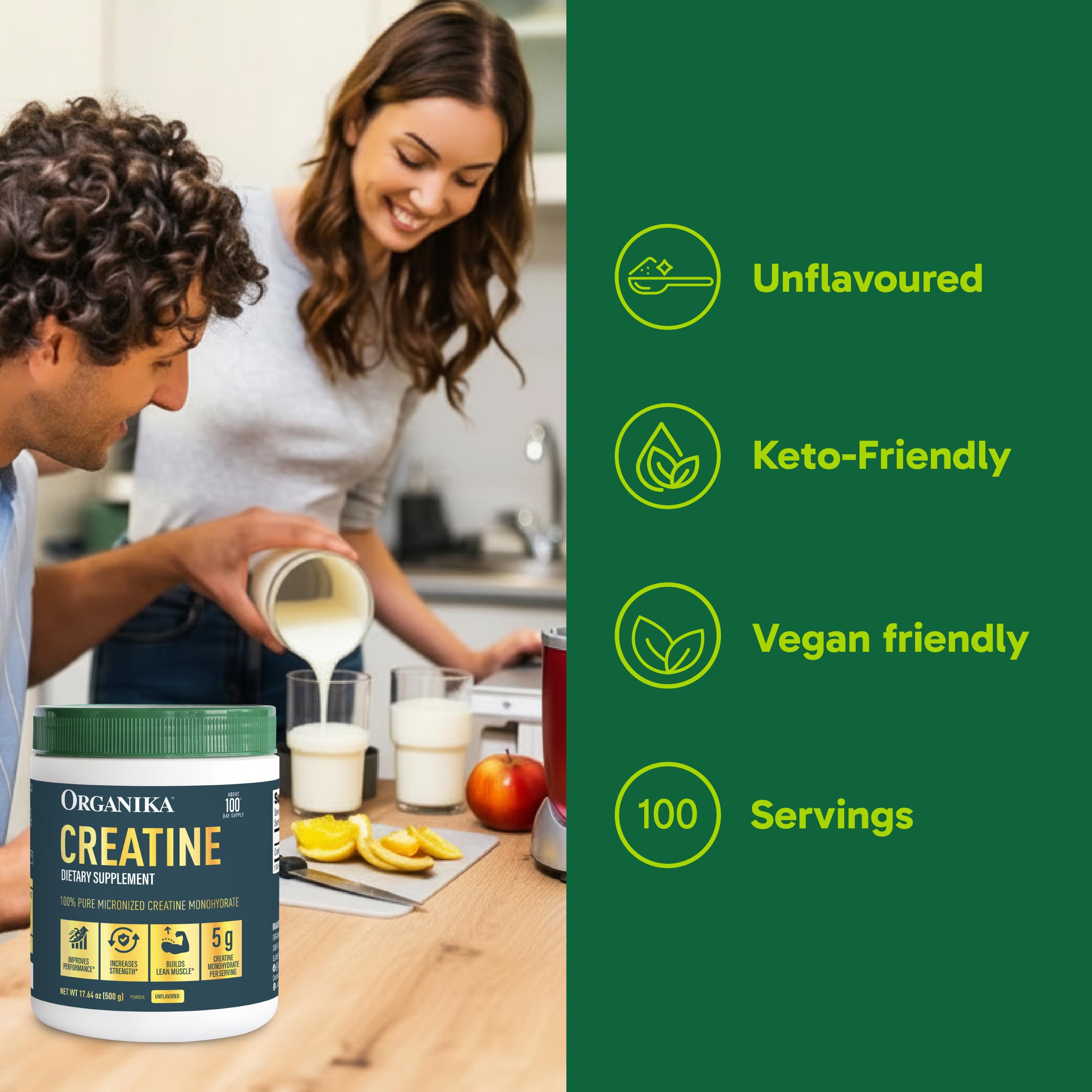 Organika Micronized Creatine Monohydrate 608g with scoop