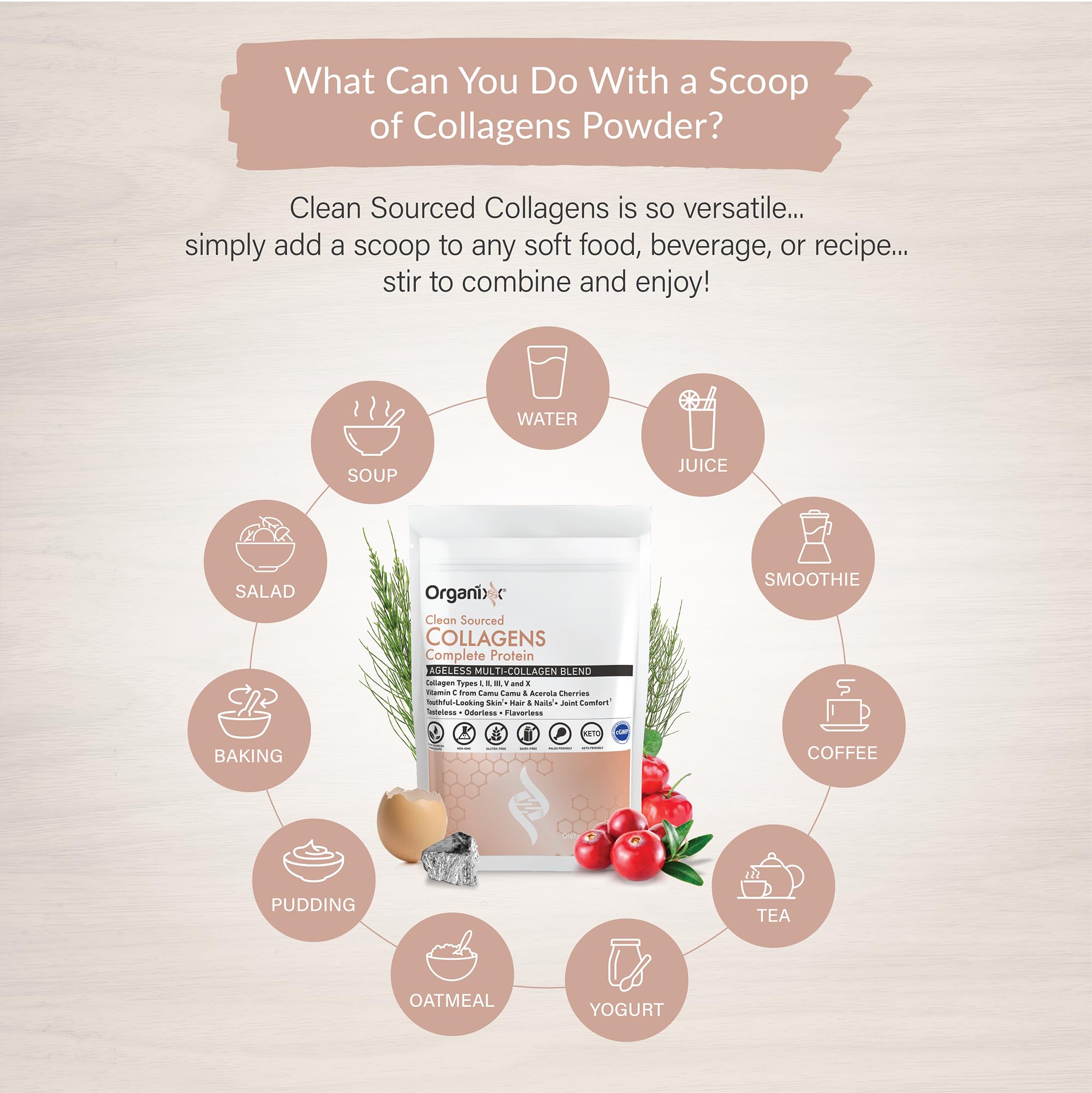 Organixx Clean Sourced Collagen Peptides Powder in a glass of water