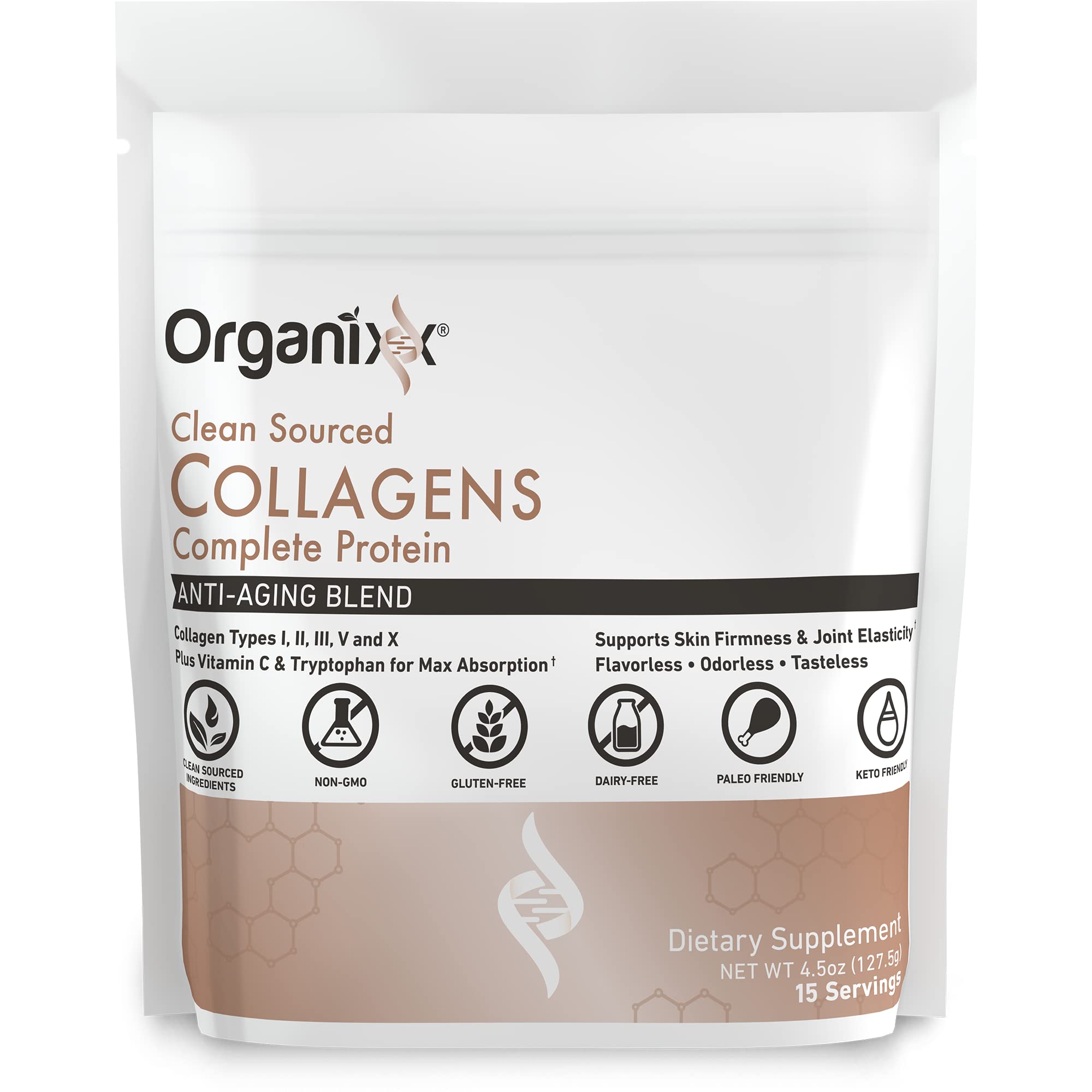 Organixx Collagen Peptides + Creatine Powder front view with packaging