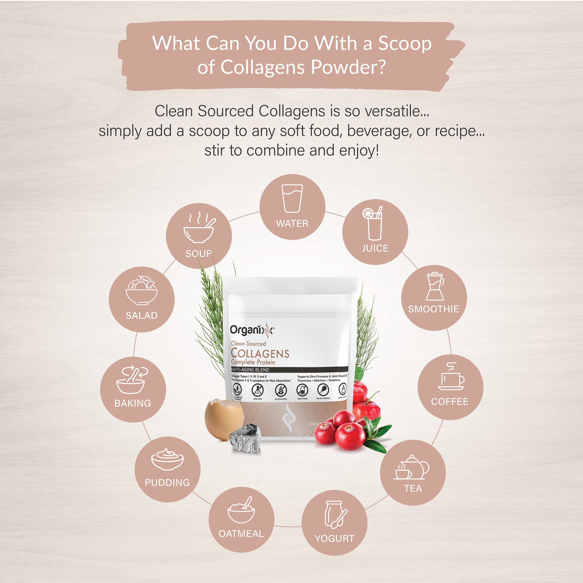 Organixx Collagen Peptides + Creatine Powder mixed in a glass of water