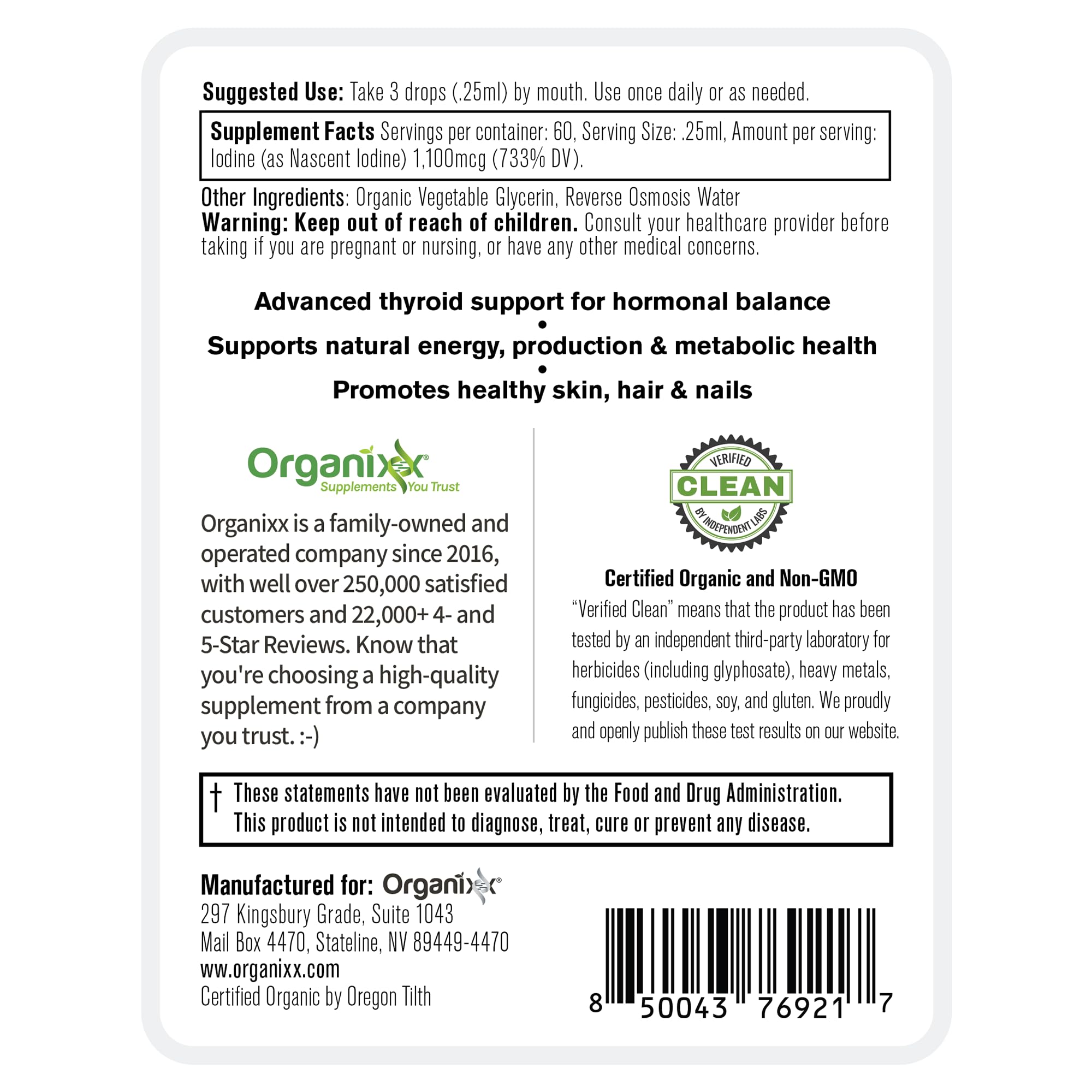 Organixx Iodine Drops with a measuring spoon