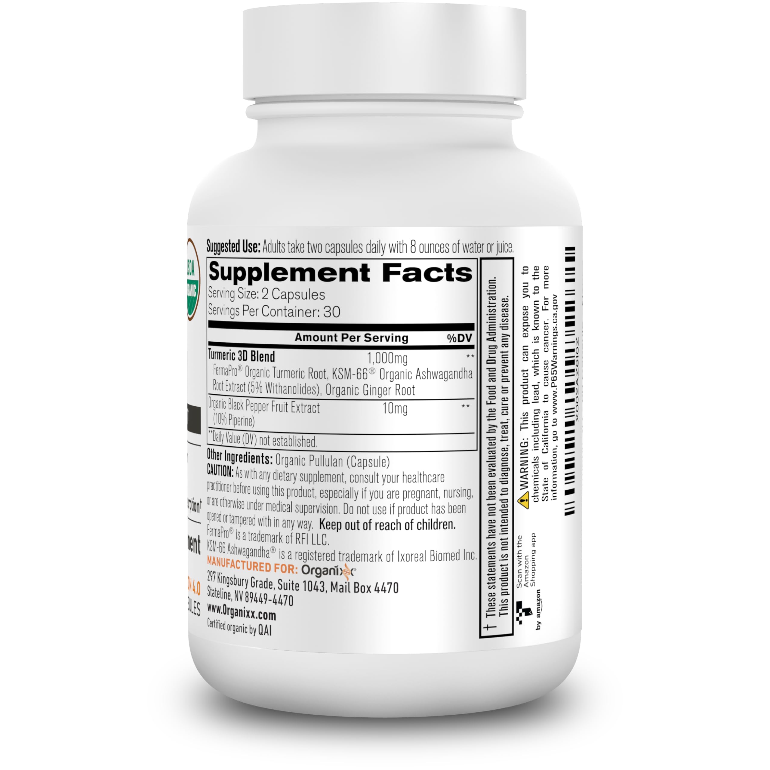 Organixx Turmeric Curcumin Supplement 50g side view