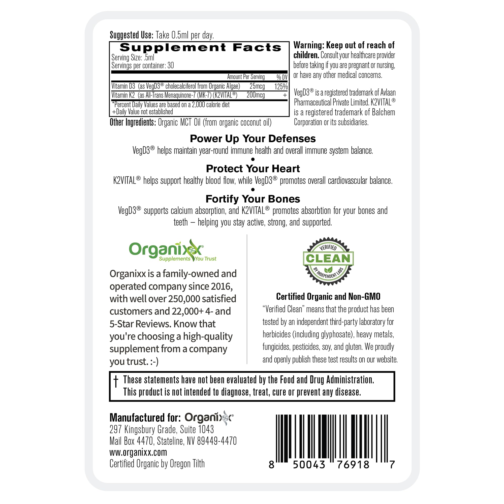Organixx Vitamin D3 & K2 supplement in organic MCT oil