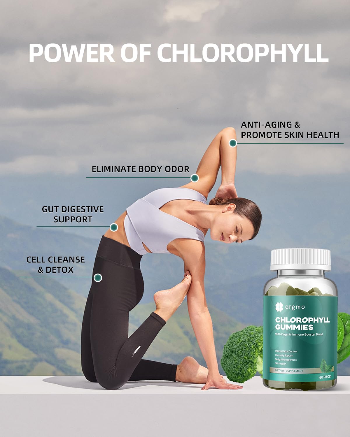 ORGMO Chlorophyll Gummies with ingredients list on packaging