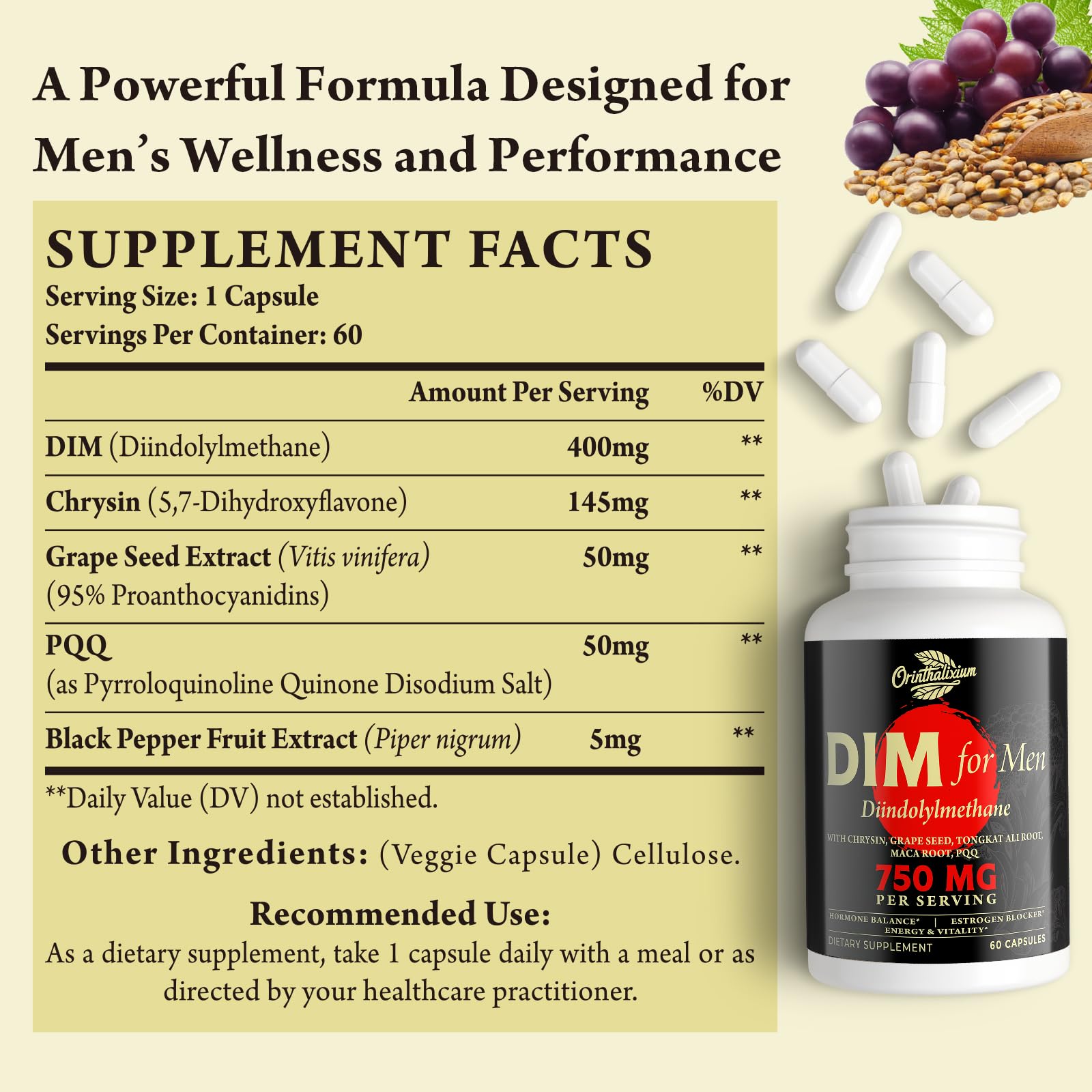 Orinthalixium DIM Supplement for Men 750MG side view