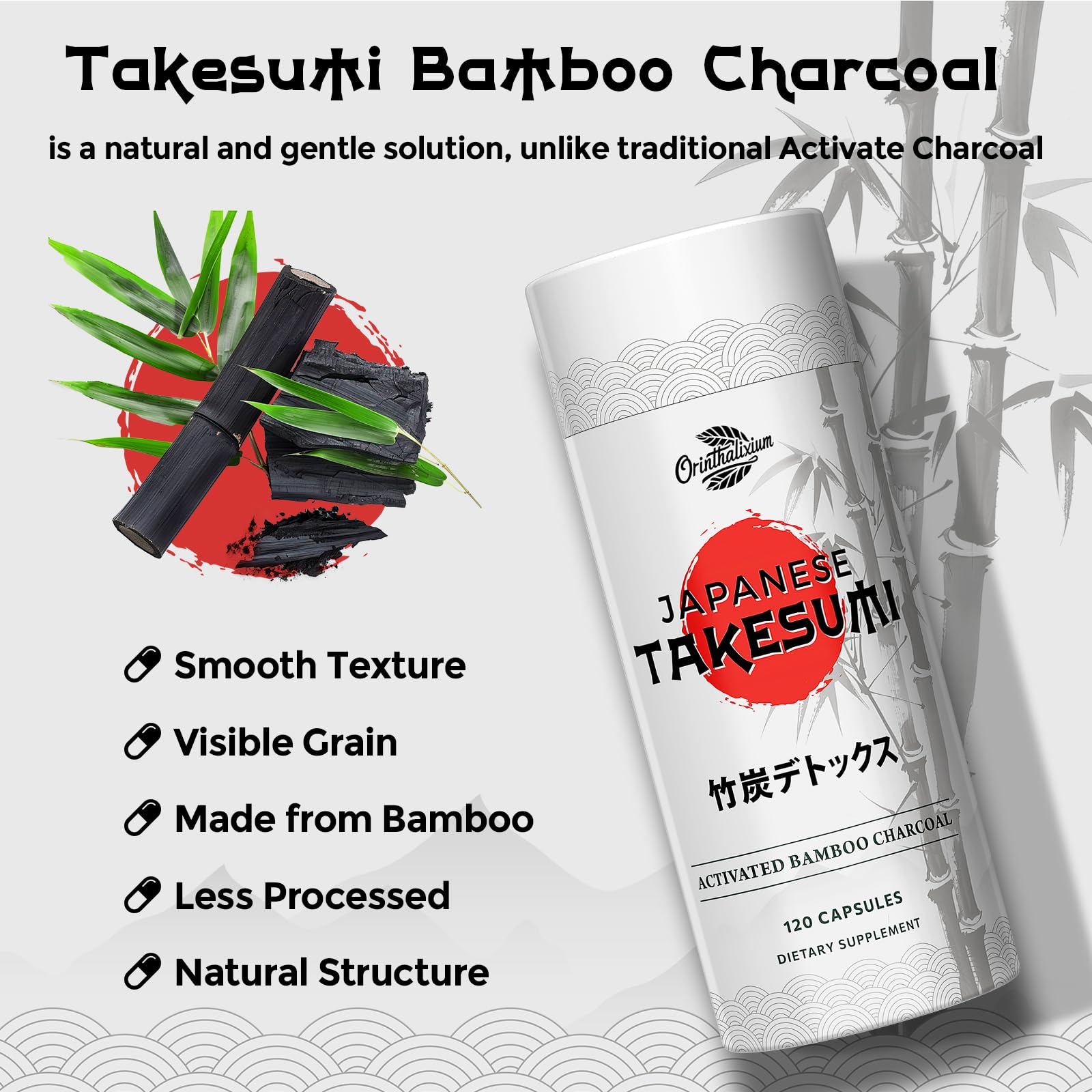Orinthalixium Takesumi Bamboo Charcoal Capsules bottle with label