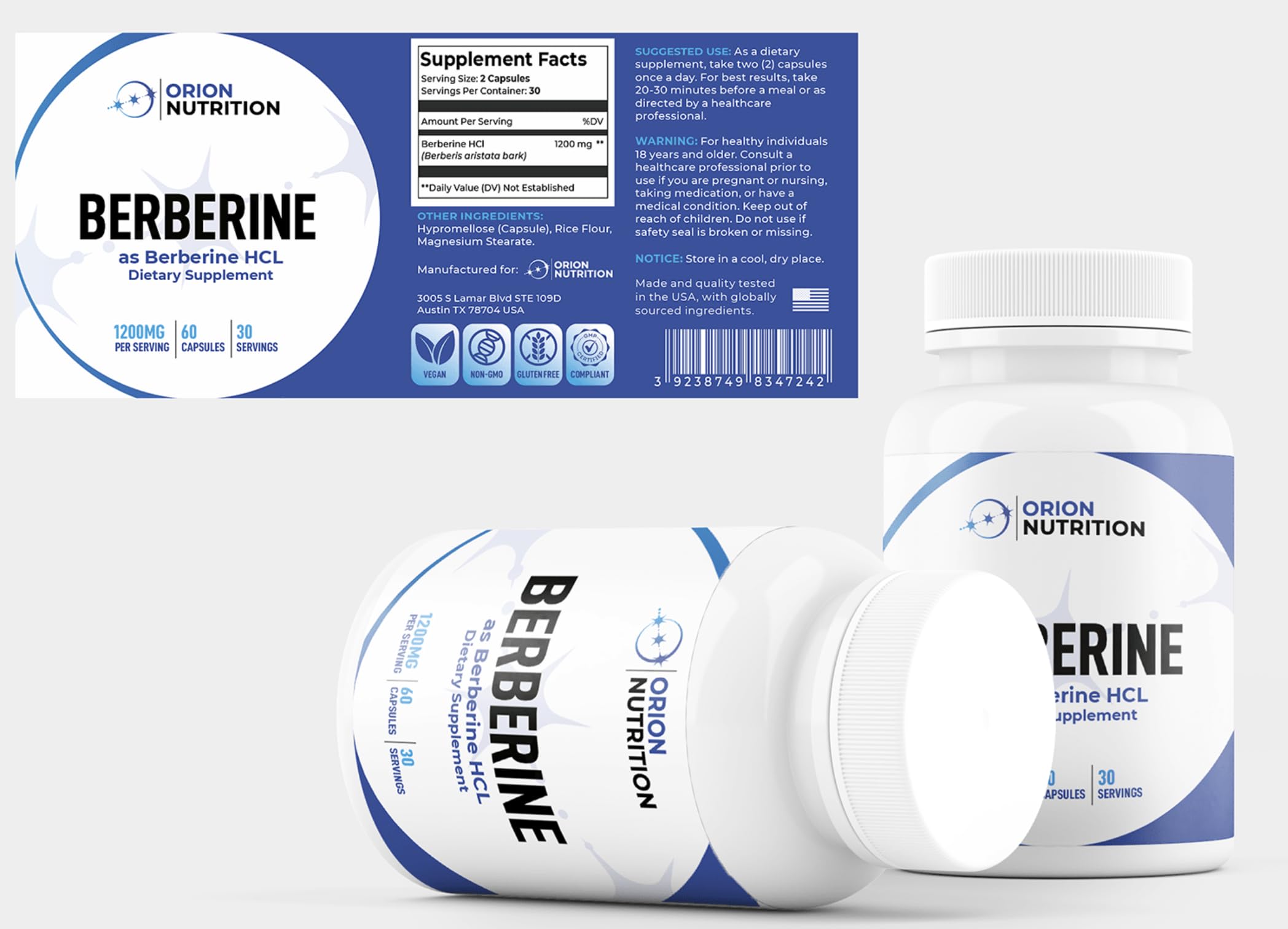 Orion Nutrition Berberine 1200mg capsules side view