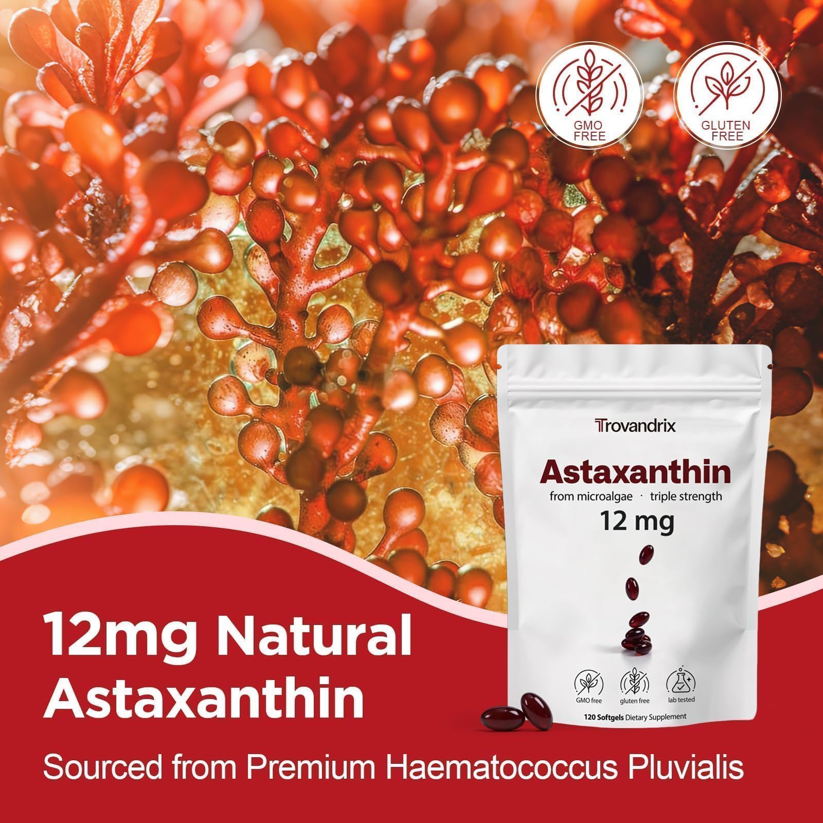 Ormelique Astaxanthin Supplement 12mg softgel bottle side view