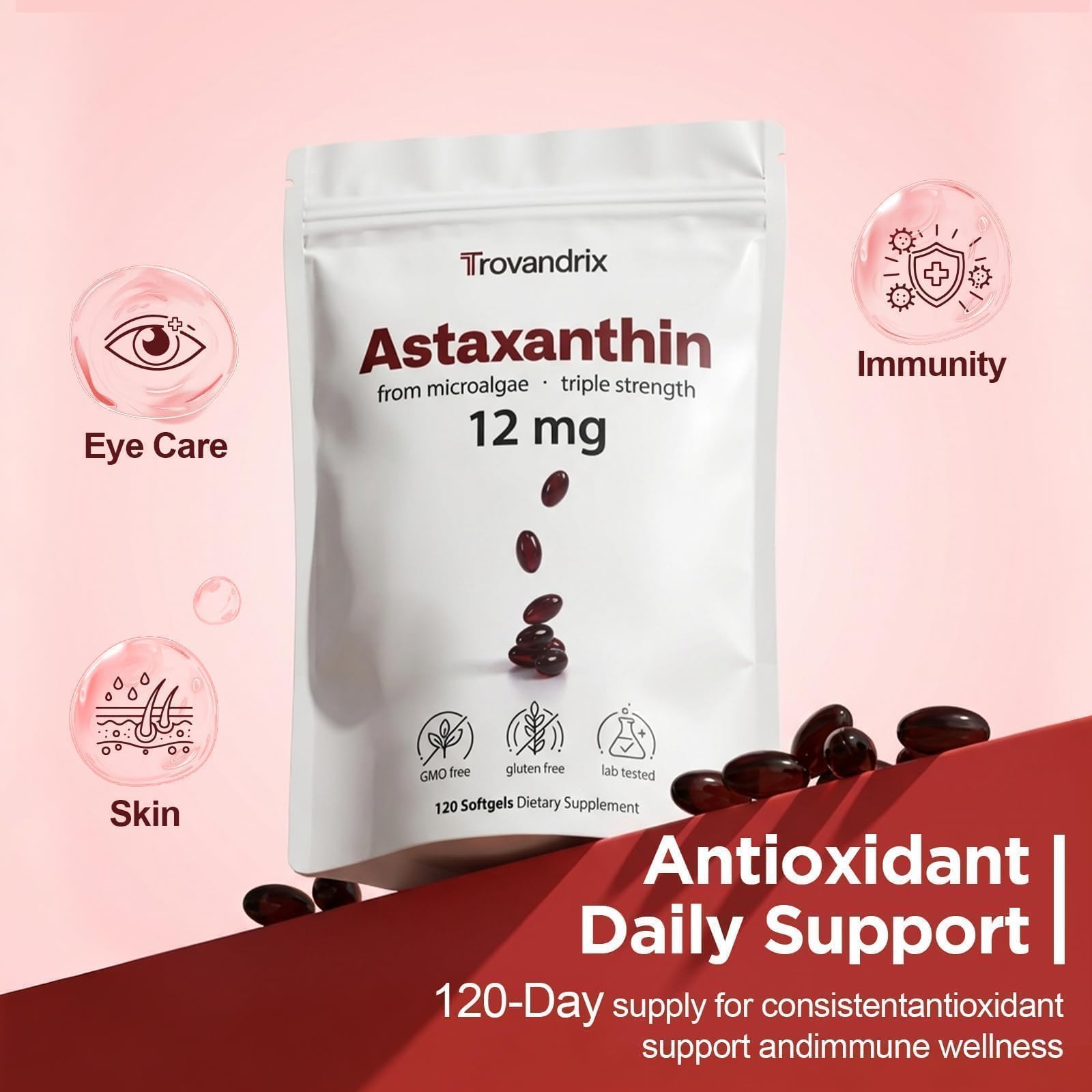 Ormelique Astaxanthin Supplement 12mg softgel on a wooden table