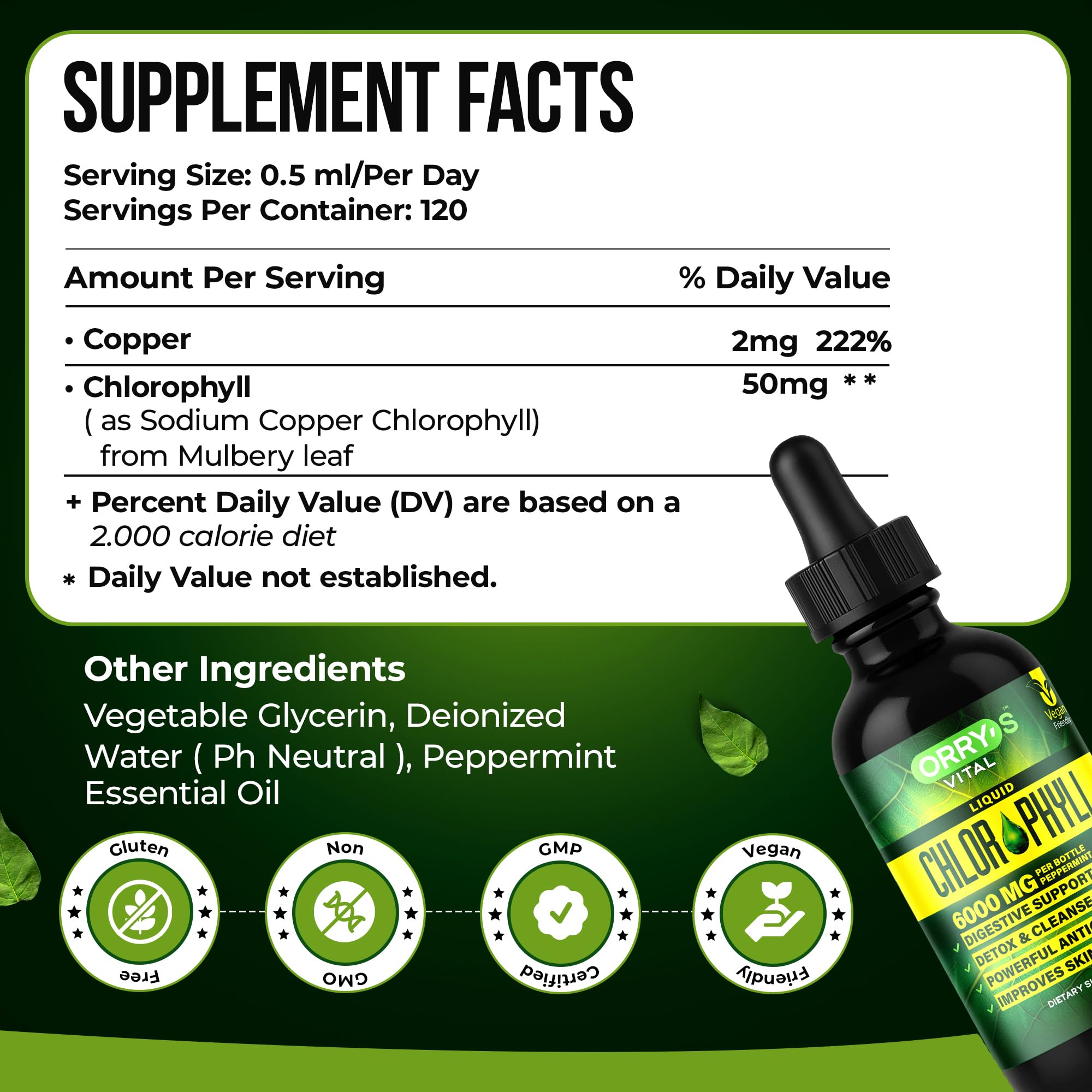 Orry's Vital Liquid Chlorophyll Drops packaging side view