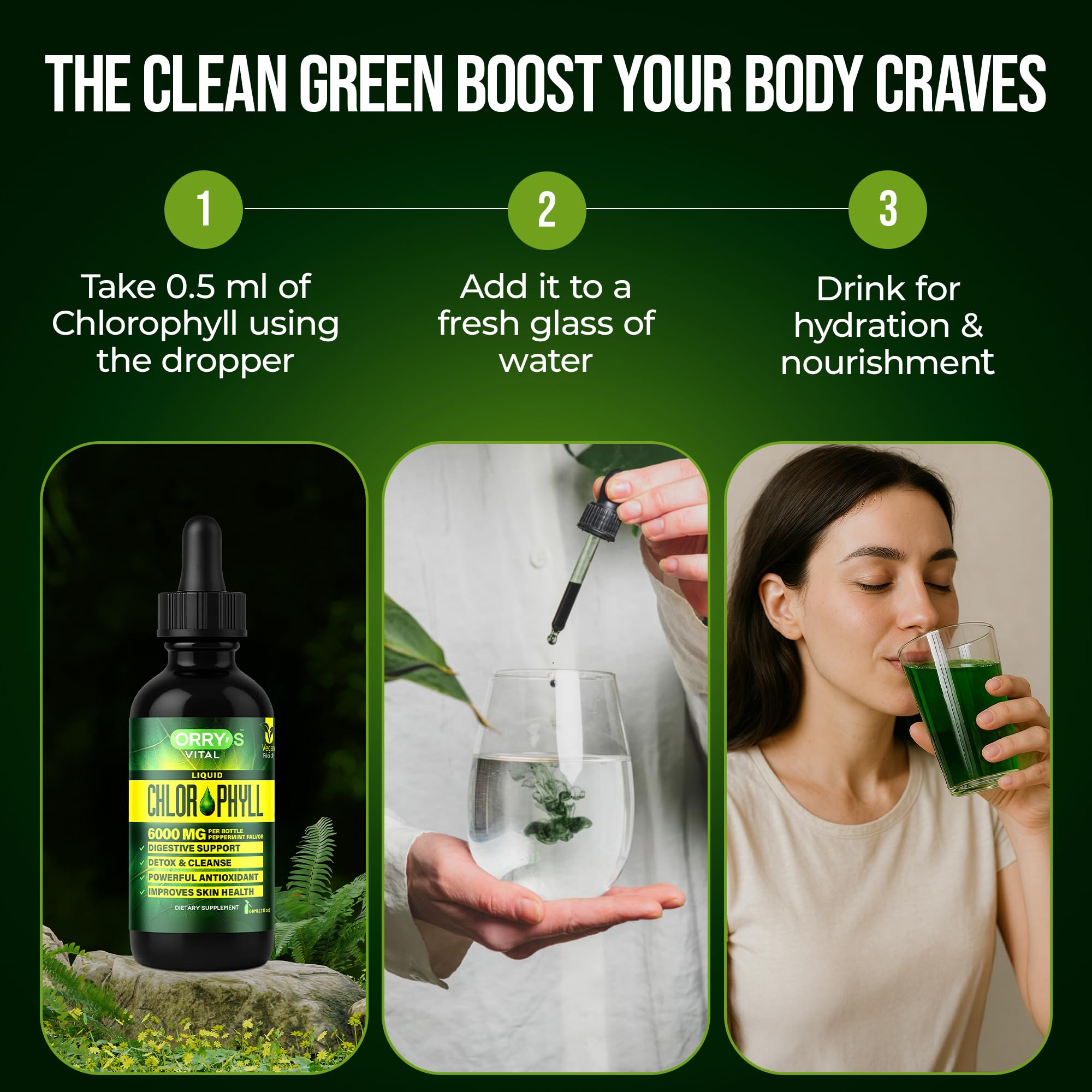 Orry's Vital Liquid Chlorophyll Drops with peppermint flavour close-up