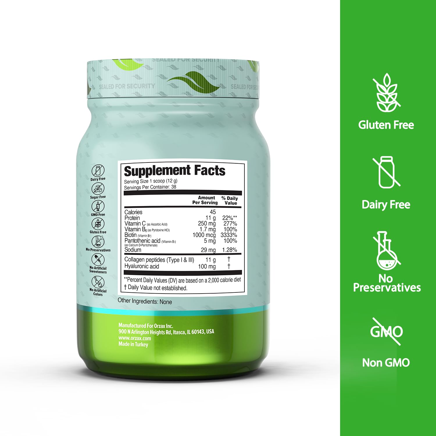 ORZAX Collagen Powder 16 oz container side view