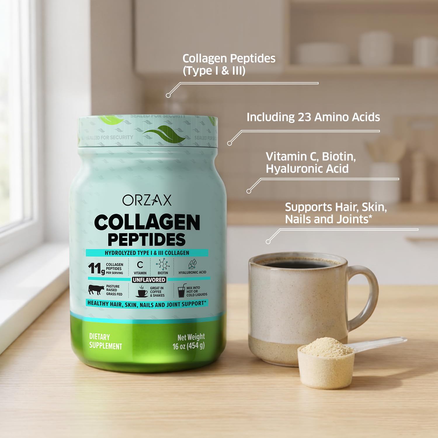 ORZAX Collagen Powder mixed in a glass of water