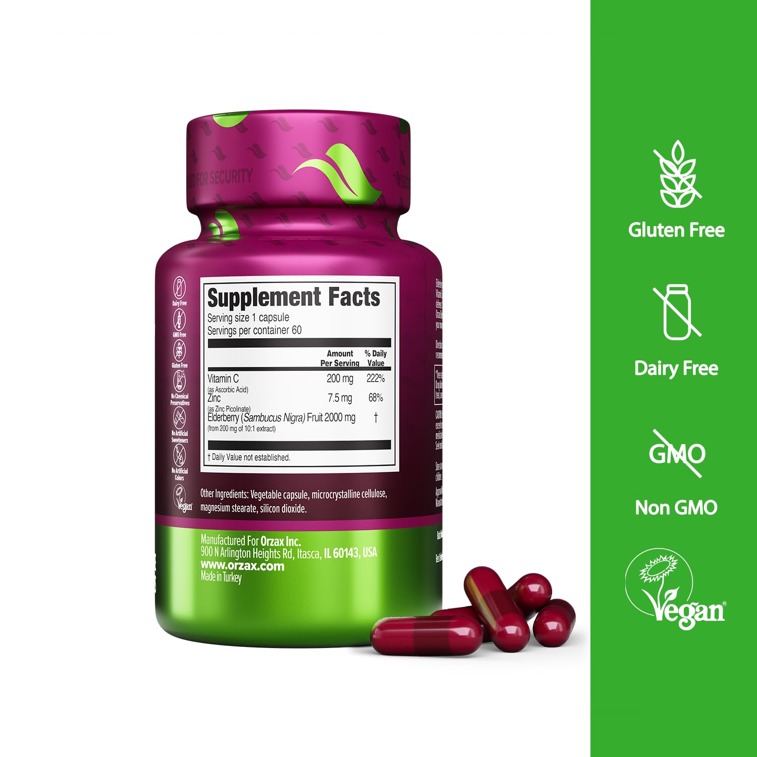 ORZAX Elderberry Supplement side view showing ingredients