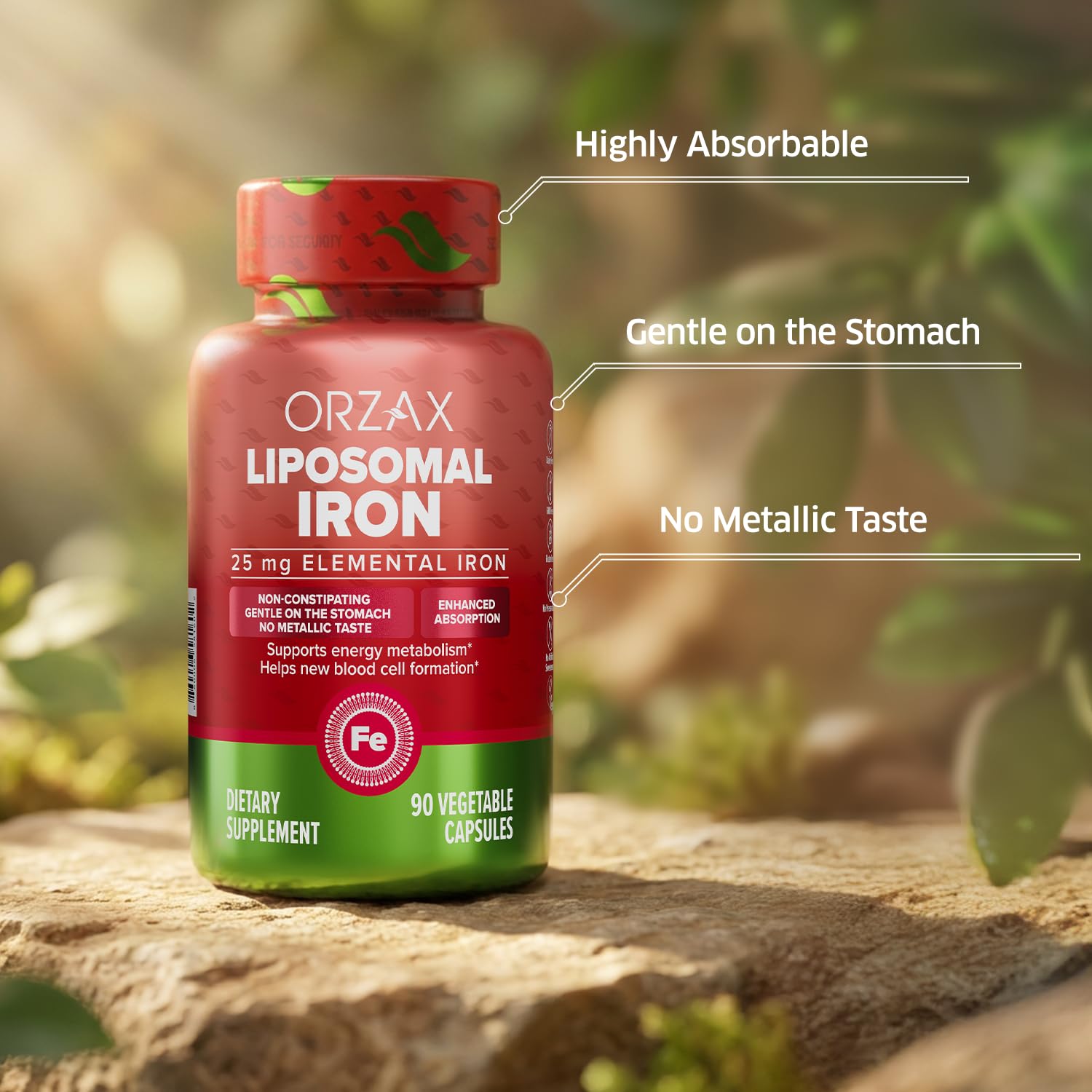 ORZAX Liposomal Iron 25 mg supplement capsule close-up