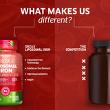ORZAX Liposomal Iron 25 mg supplement on a wooden table