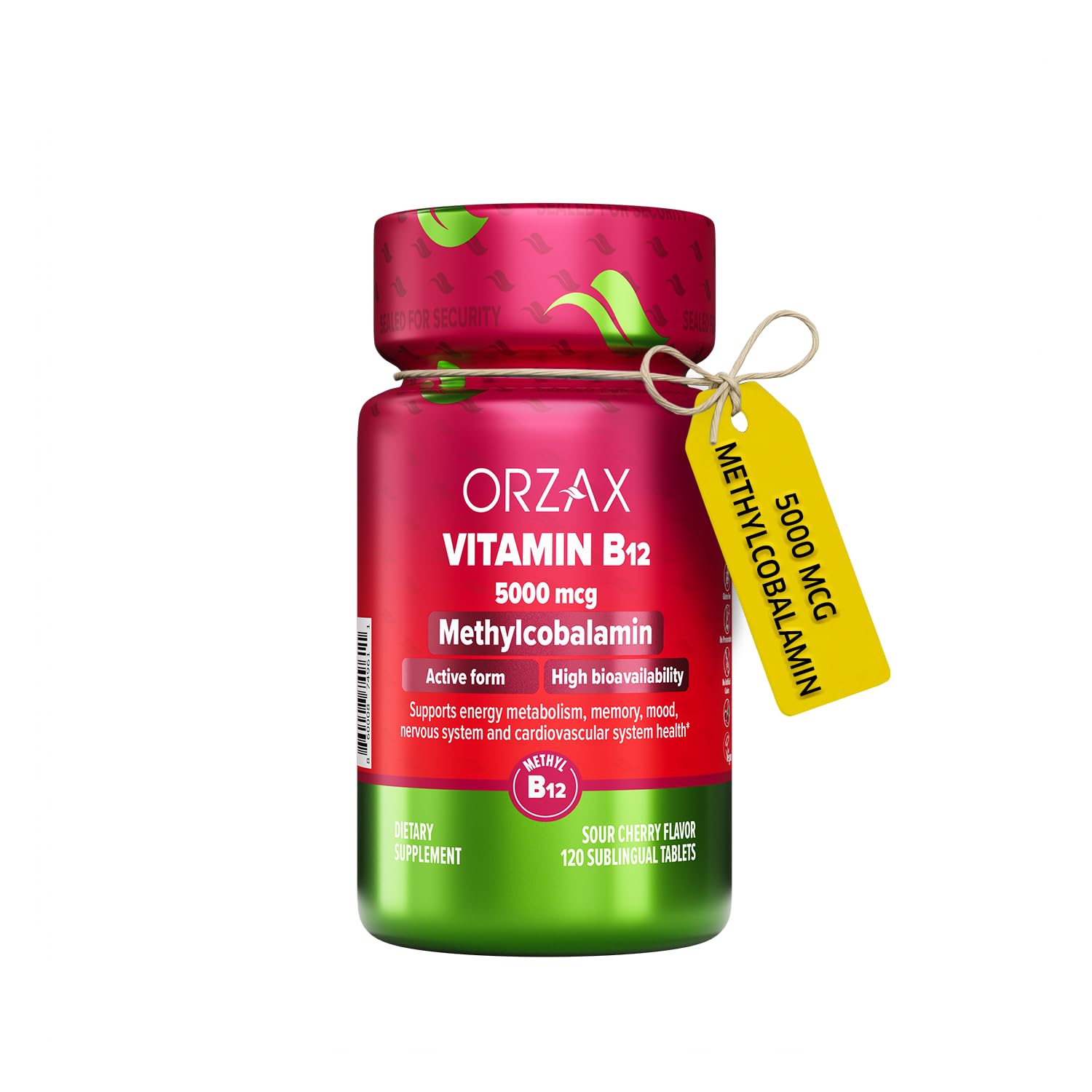 ORZAX Vitamin B12 5000 mcg cherry flavoured tablets front view