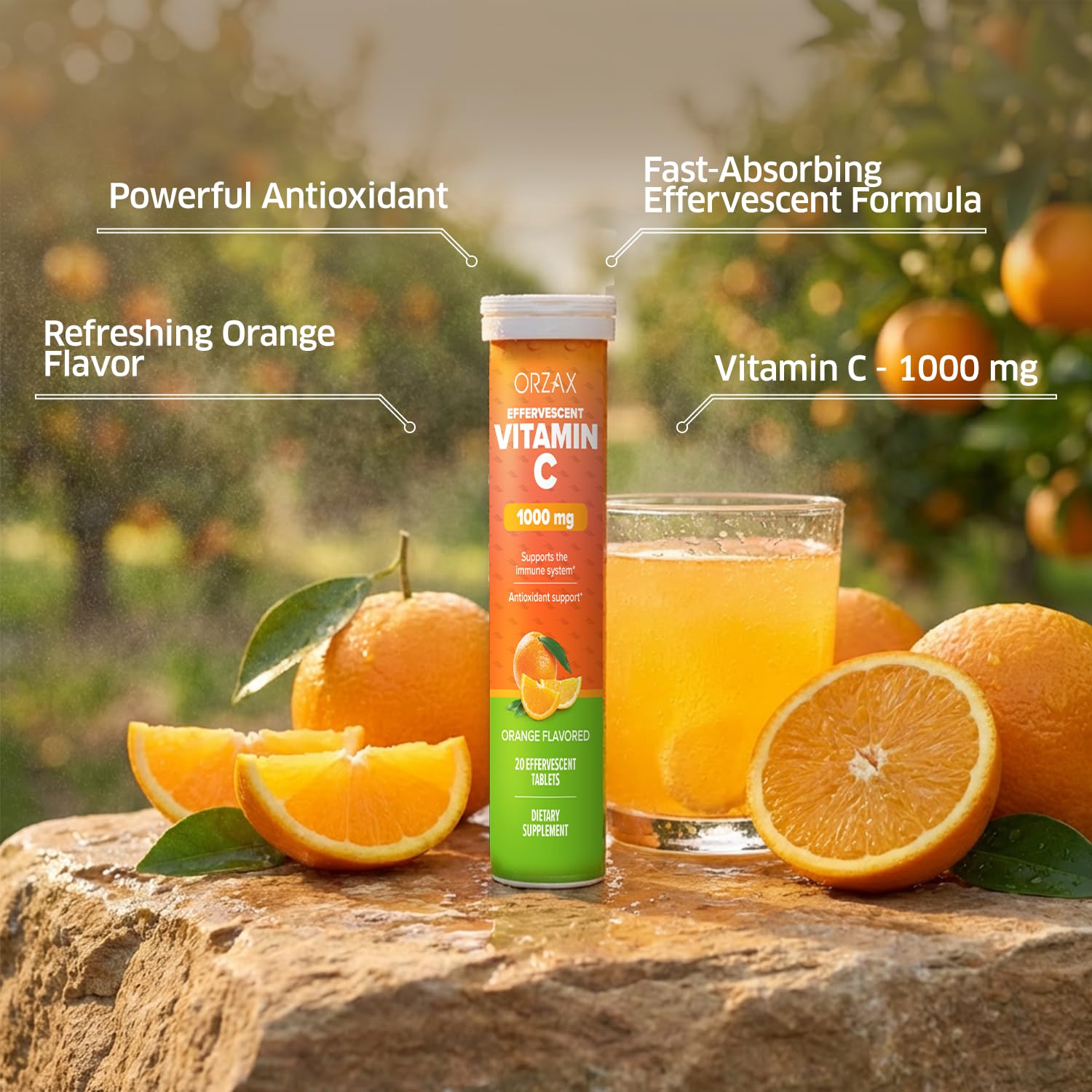 ORZAX Vitamin C Effervescent Tablets dissolving in water