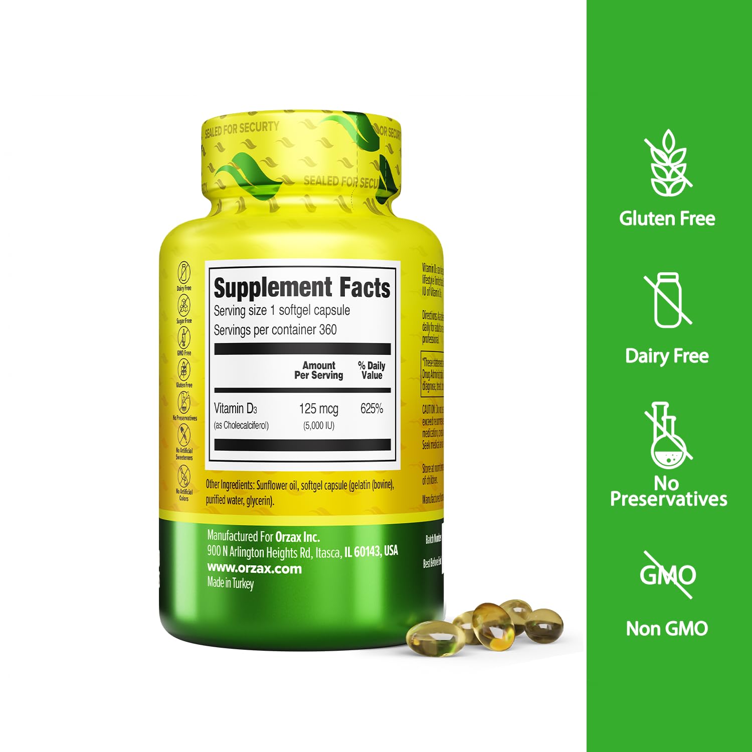 ORZAX Vitamin D3 Softgels 5000 IU back view