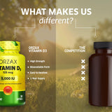 ORZAX Vitamin D3 Softgels 5000 IU on a wooden table