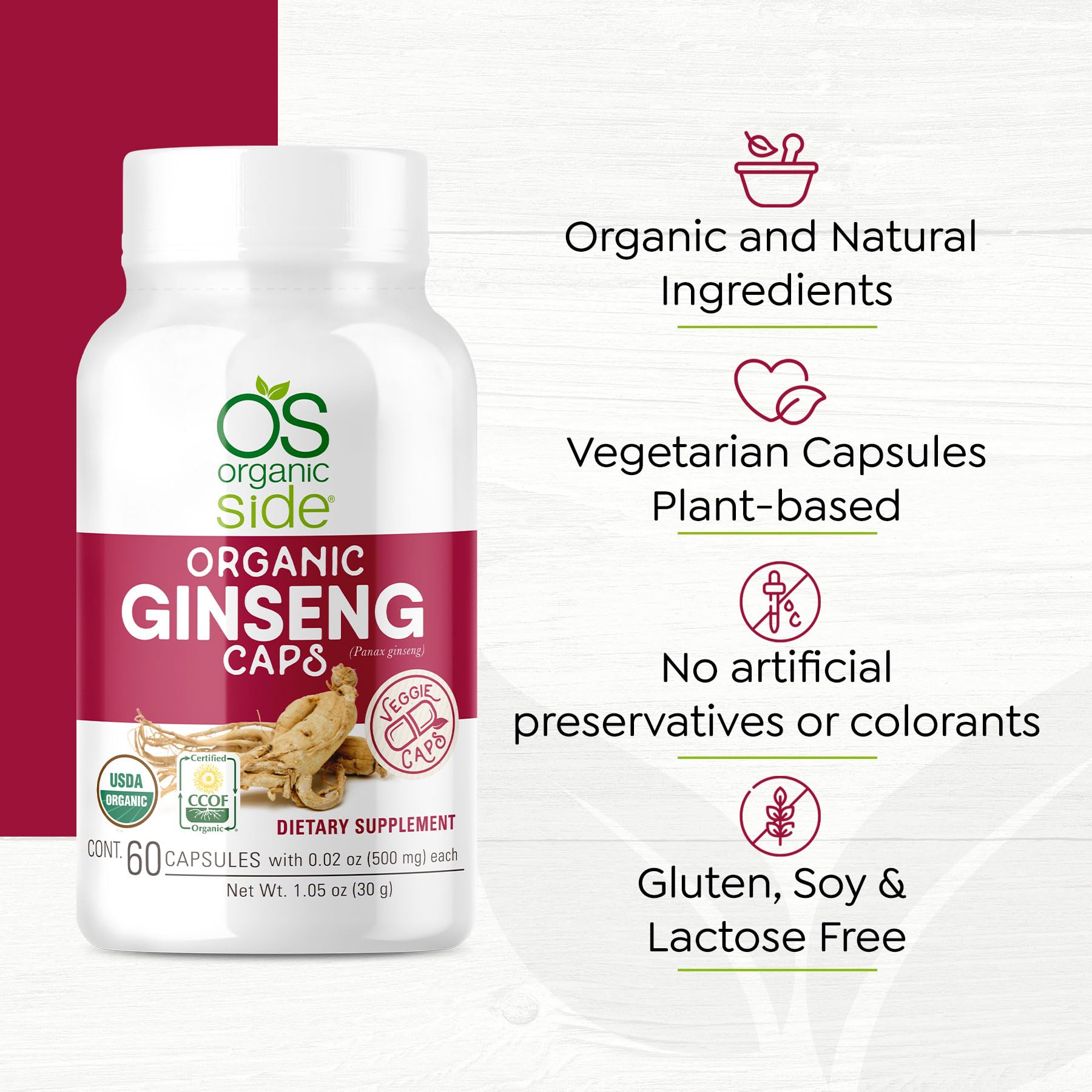 OS Organic Side Ginseng Capsules opened bottle with capsules visible