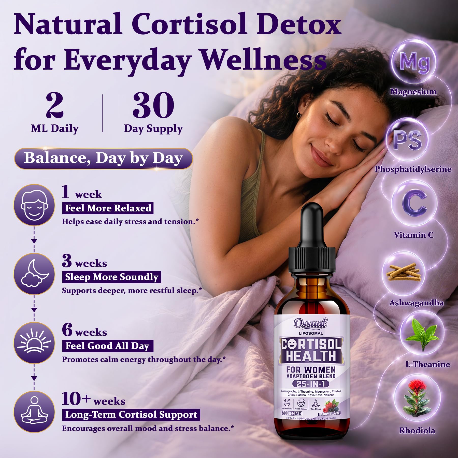 Ossual 25-in-1 Liposomal Cortisol Drops 60ML on a kitchen counter