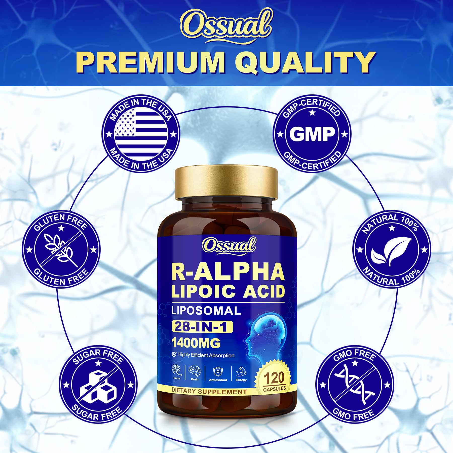 Ossual Alpha Lipoic Acid 28-in-1 Supplement on a wooden table