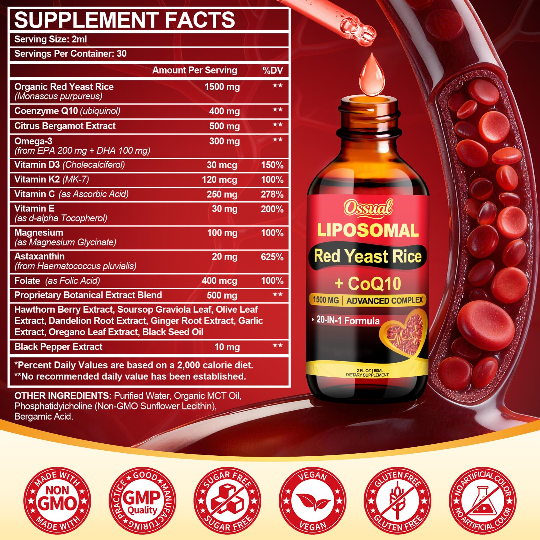 Ossual Red Yeast Rice with CoQ10 Liquid 1500mg on a kitchen counter