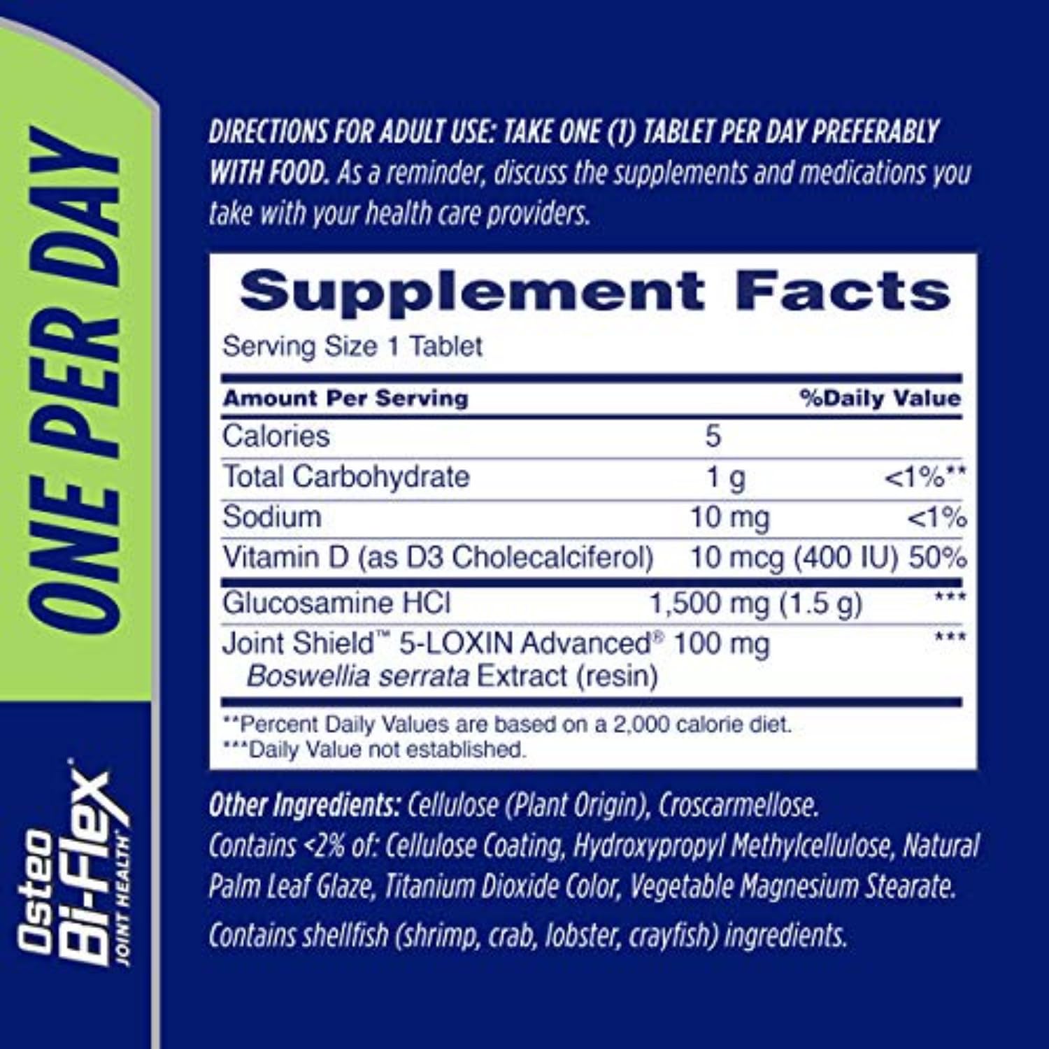 Osteo Bi-Flex One Per Day supplement side view with dosage information
