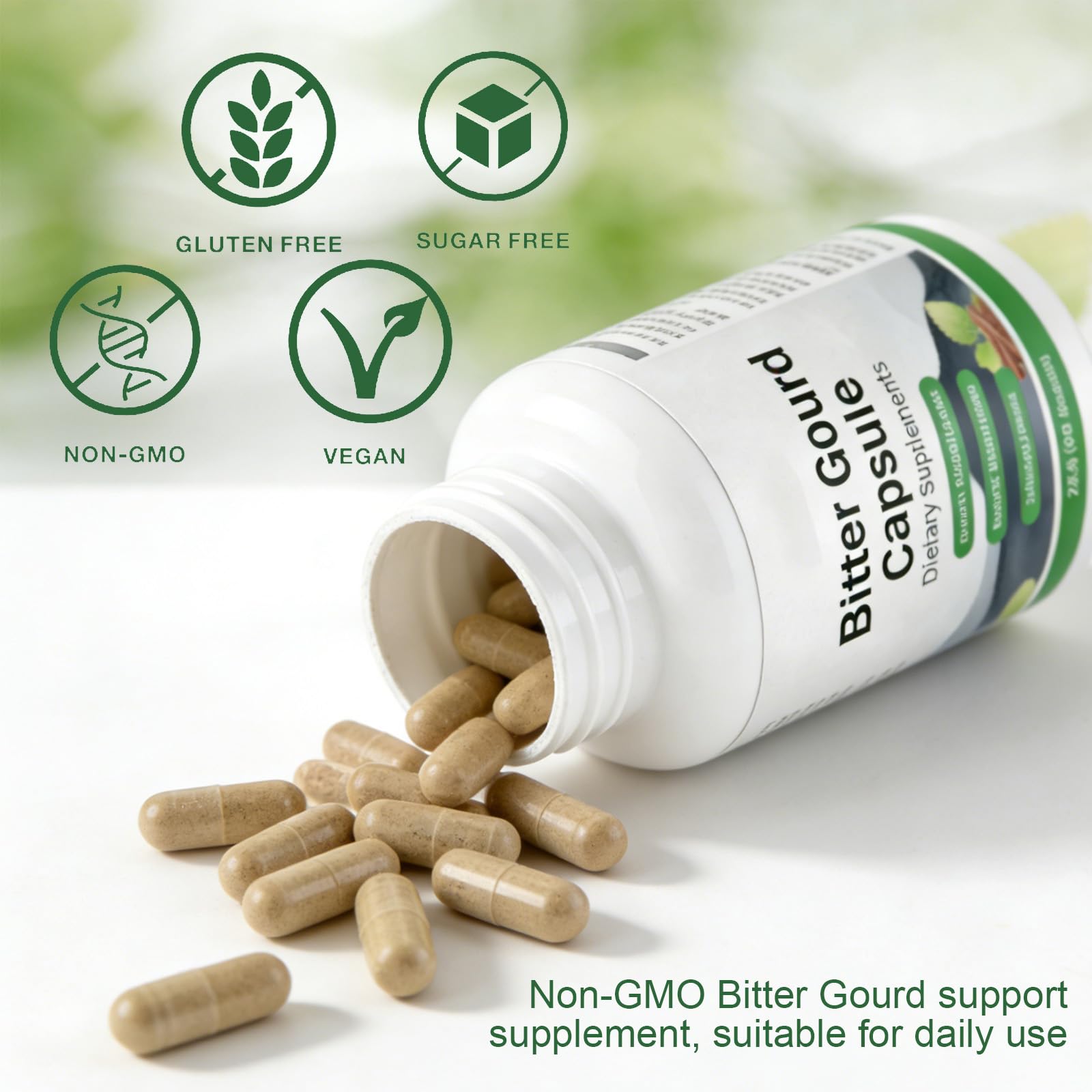 OUHENGTEK Bitter Melon & Cinnamon Complex capsules in a kitchen setting