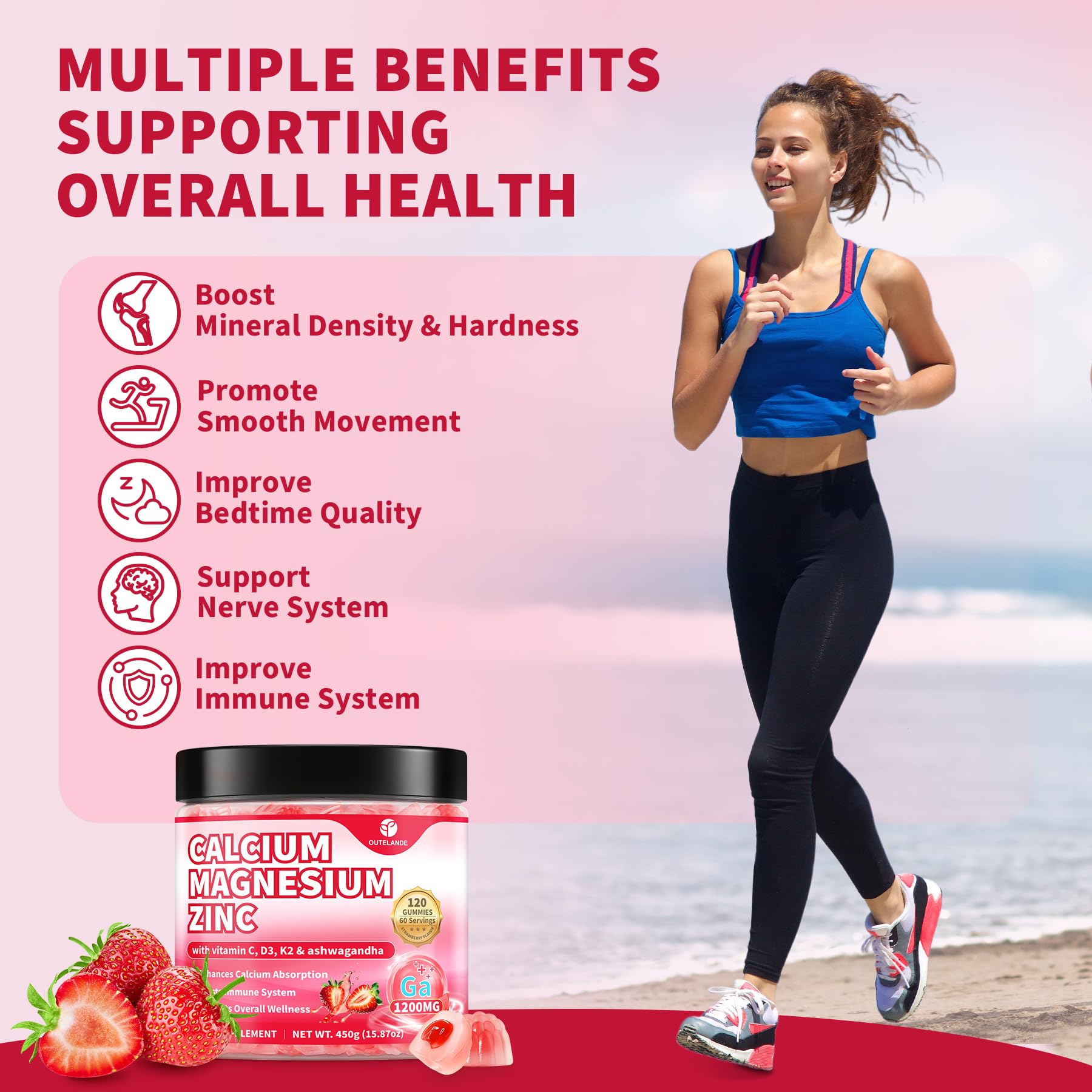 OUTELANDE Calcium Citrate Gummies strawberry flavour close-up