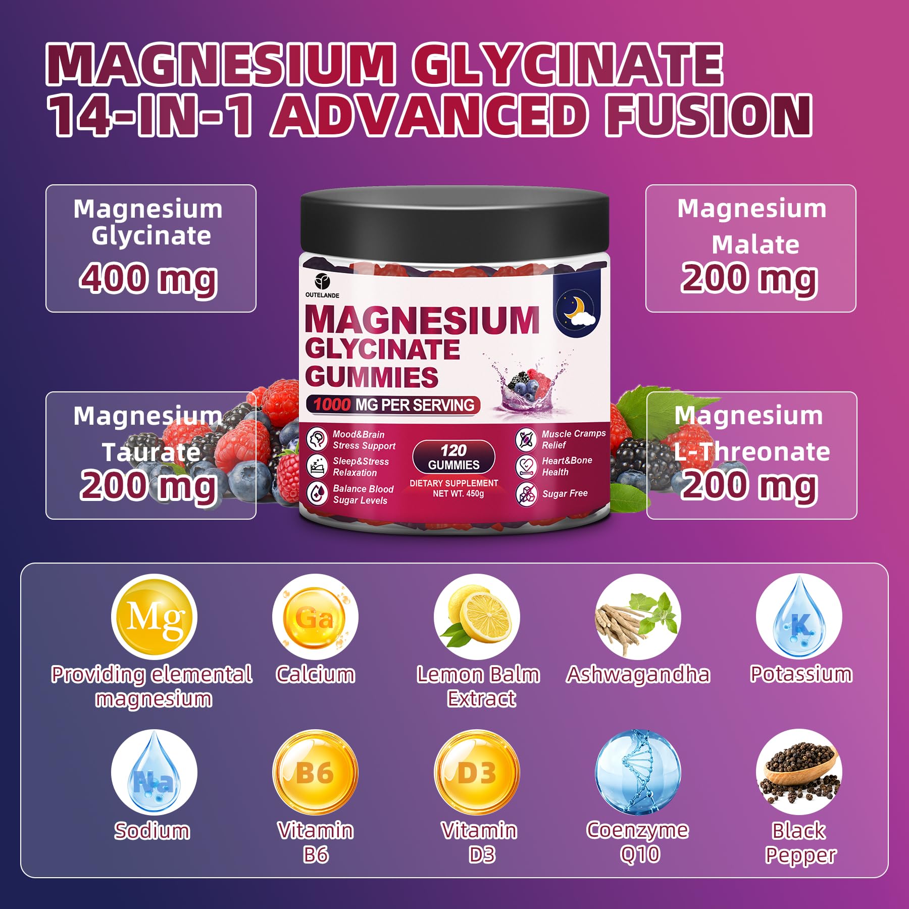 OUTELANDE Magnesium Glycinate Gummies raspberry-blackberry-blueberry flavour