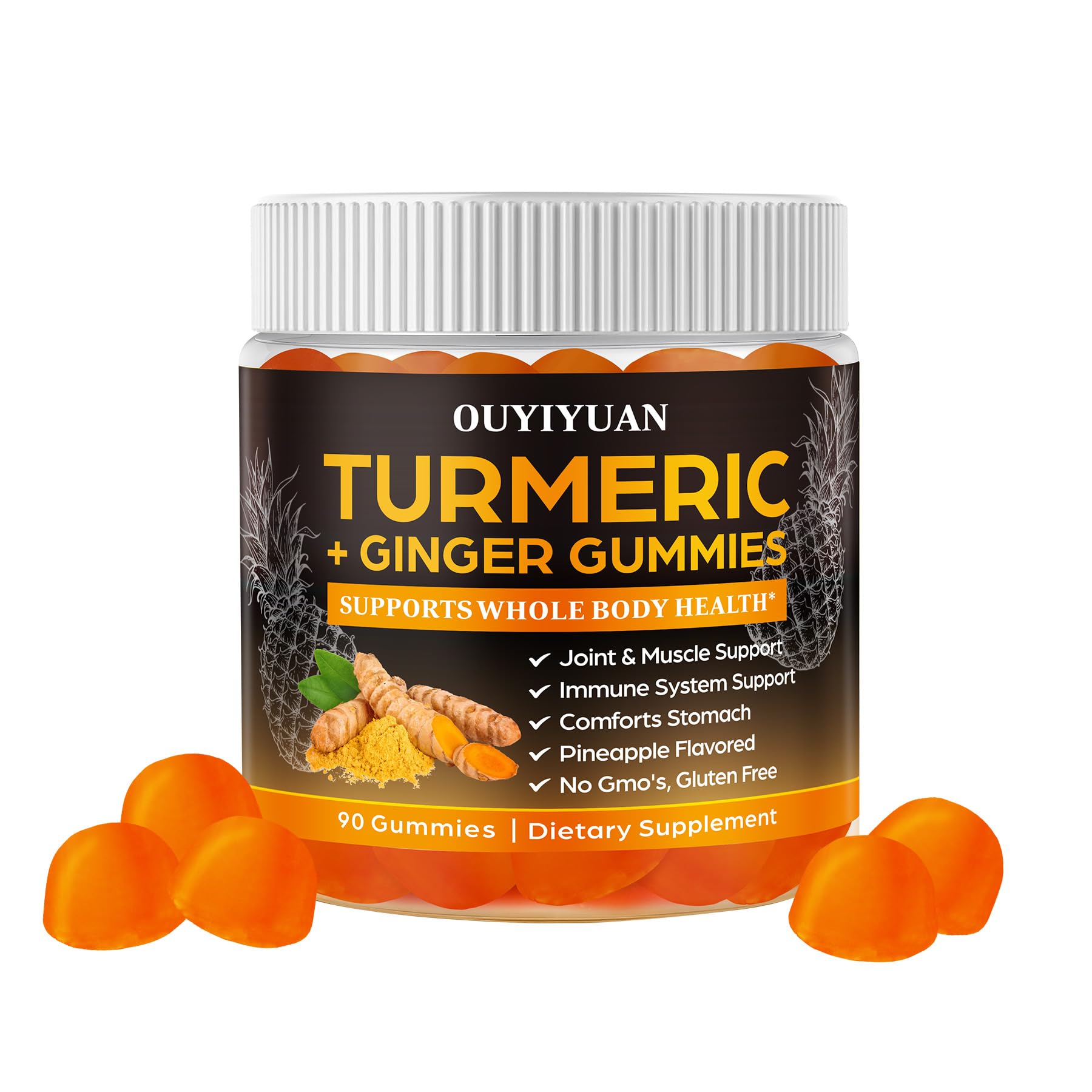 OUYIYUA turmeric and ginger gummies front view, pineapple flavour